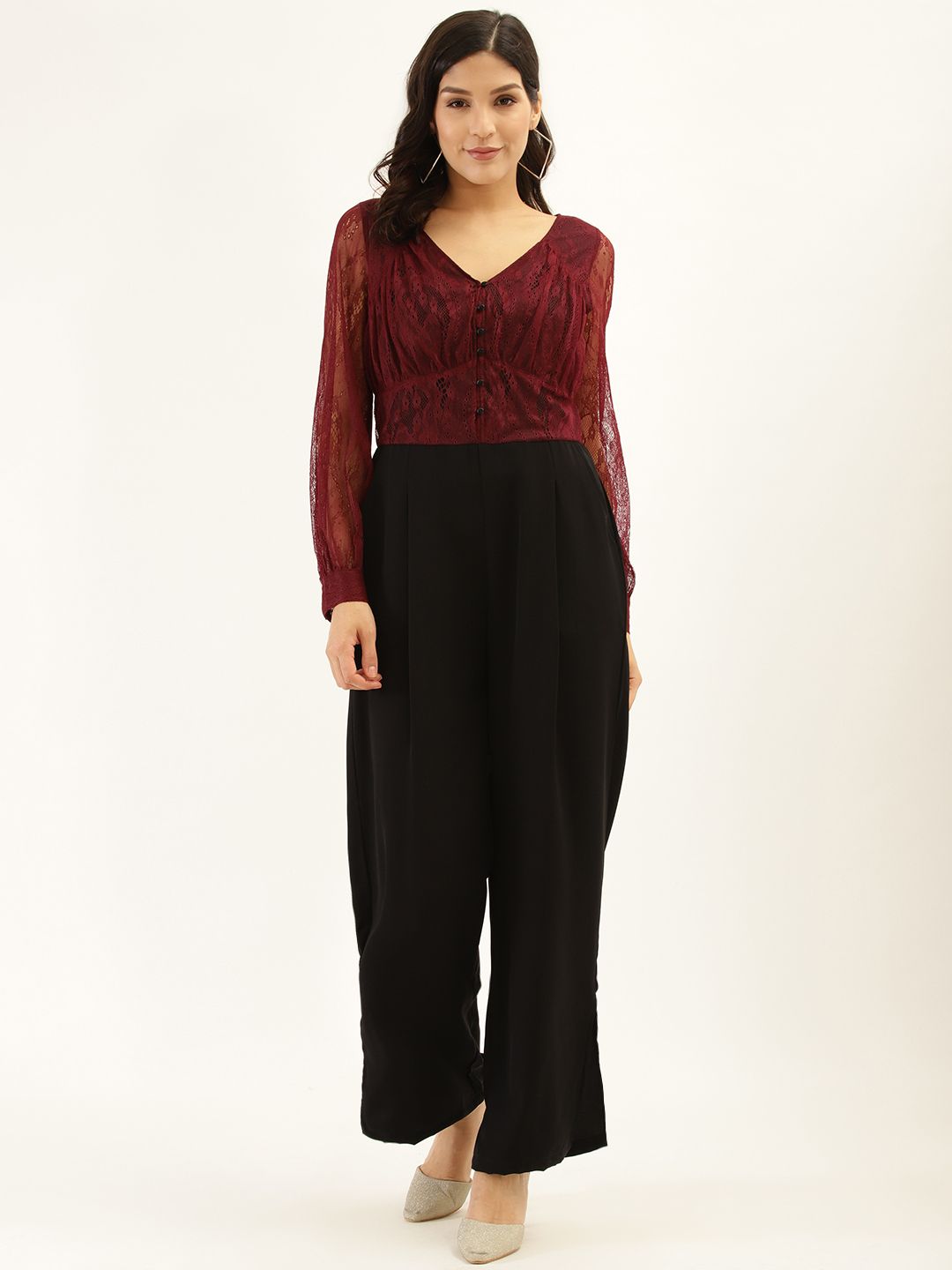 Antheaa Women Maroon & Black Colourblocked Basic Jumpsuit Price in India