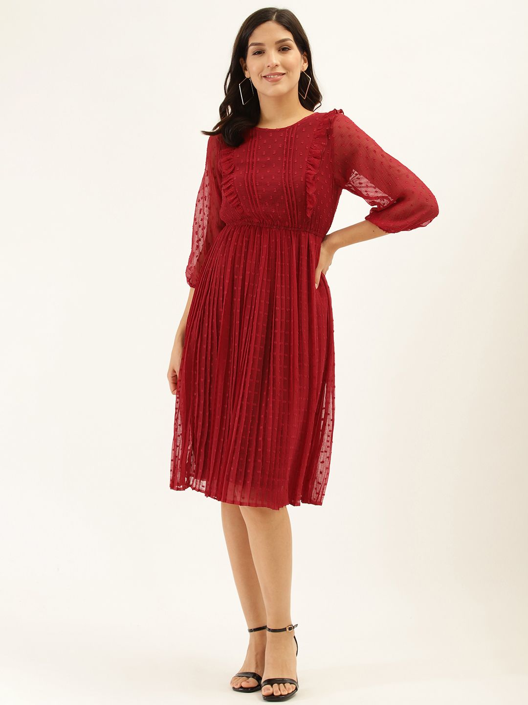 Antheaa Red Accordion Dobby Weave Pleated Fit and Flare Dress Price in India