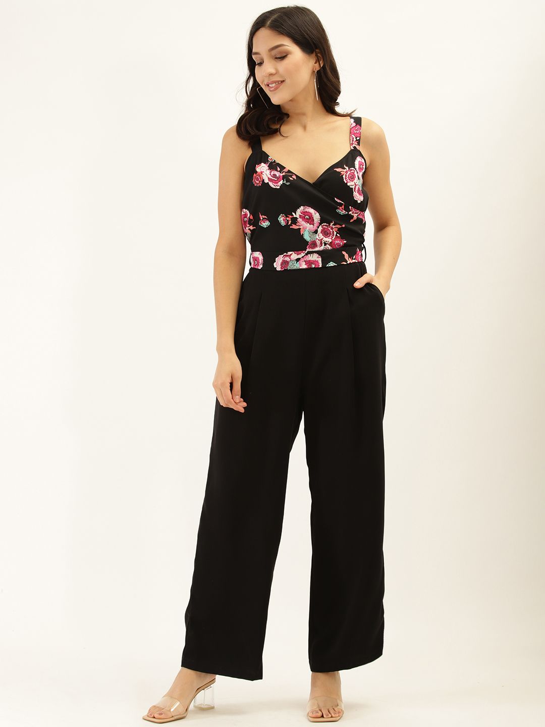 Antheaa Women Black & Pink Floral Printed Basic Jumpsuit Price in India