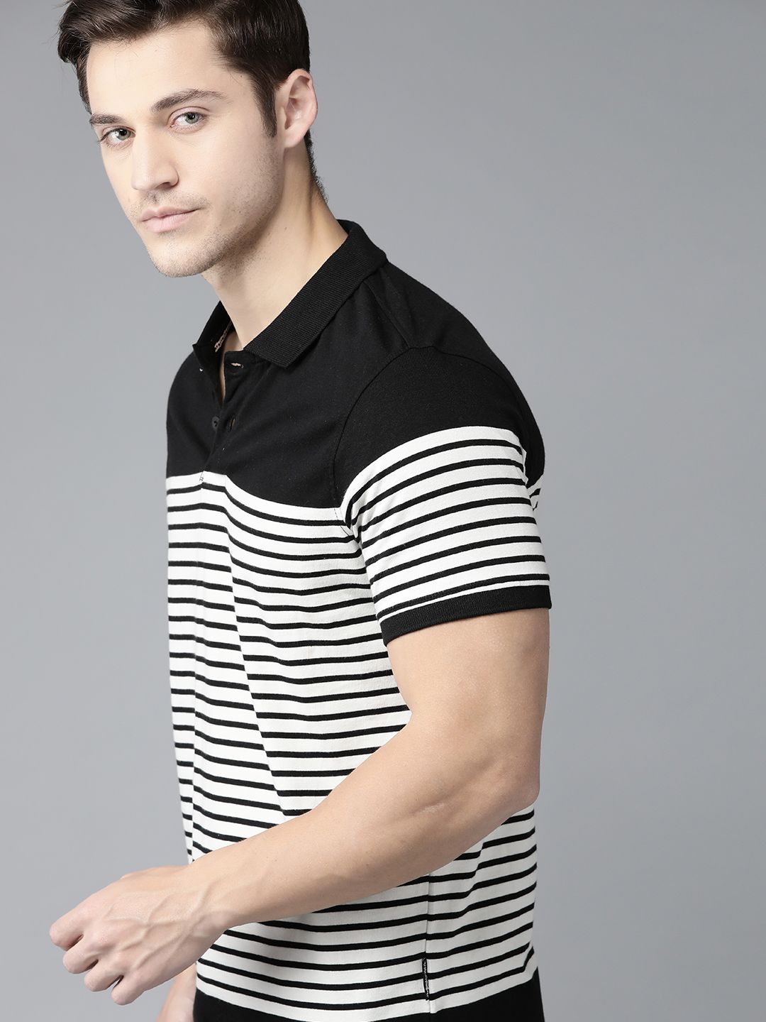 Roadster Men White & Black Pure Cotton Striped Polo Collar T-shirt