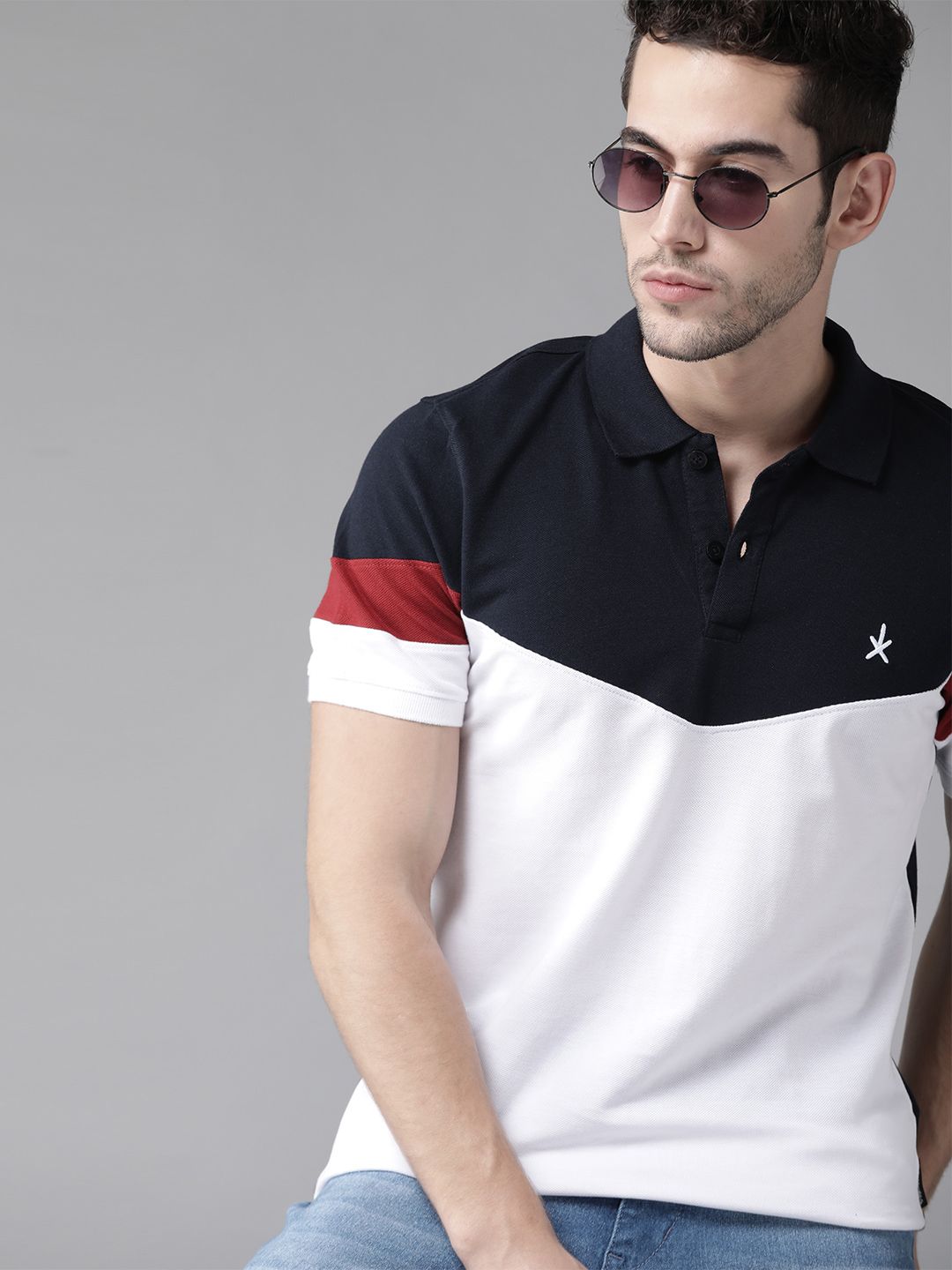 Roadster Men White & Navy Blue Pure Cotton Colourblocked Polo Collar T-shirt