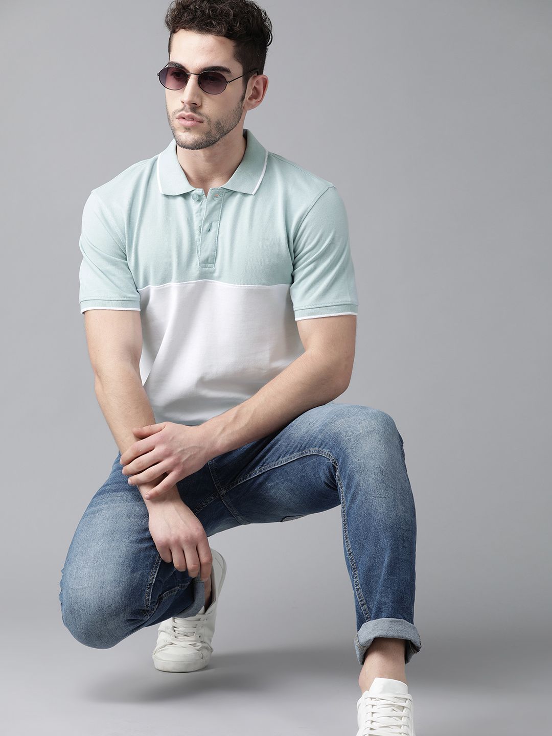 Roadster Men Blue & White Colourblocked Pure Cotton Polo Collar T-shirt