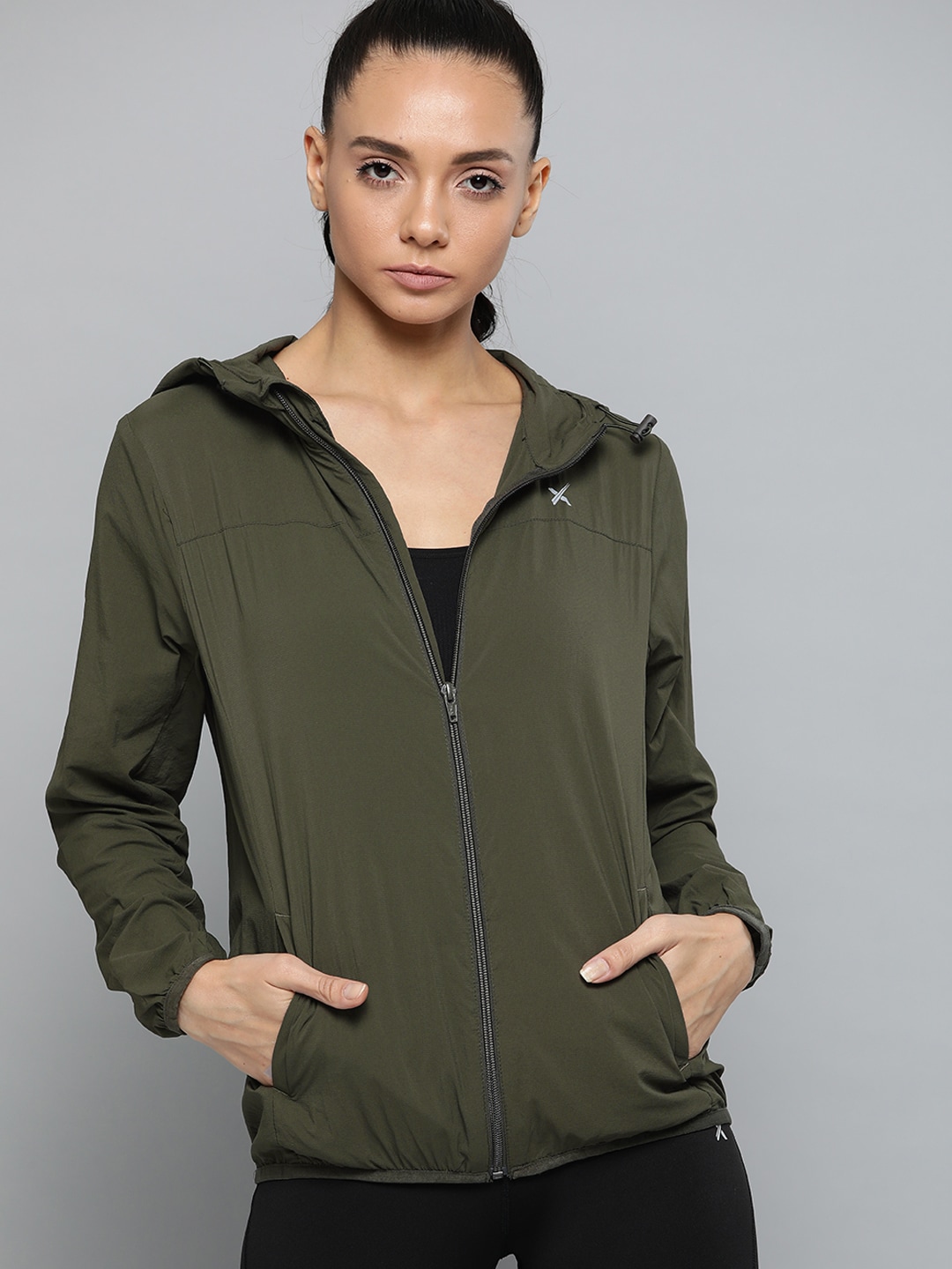 HRX by Hrithik Roshan Women Olive Green Solid Sporty Jacket Price in India