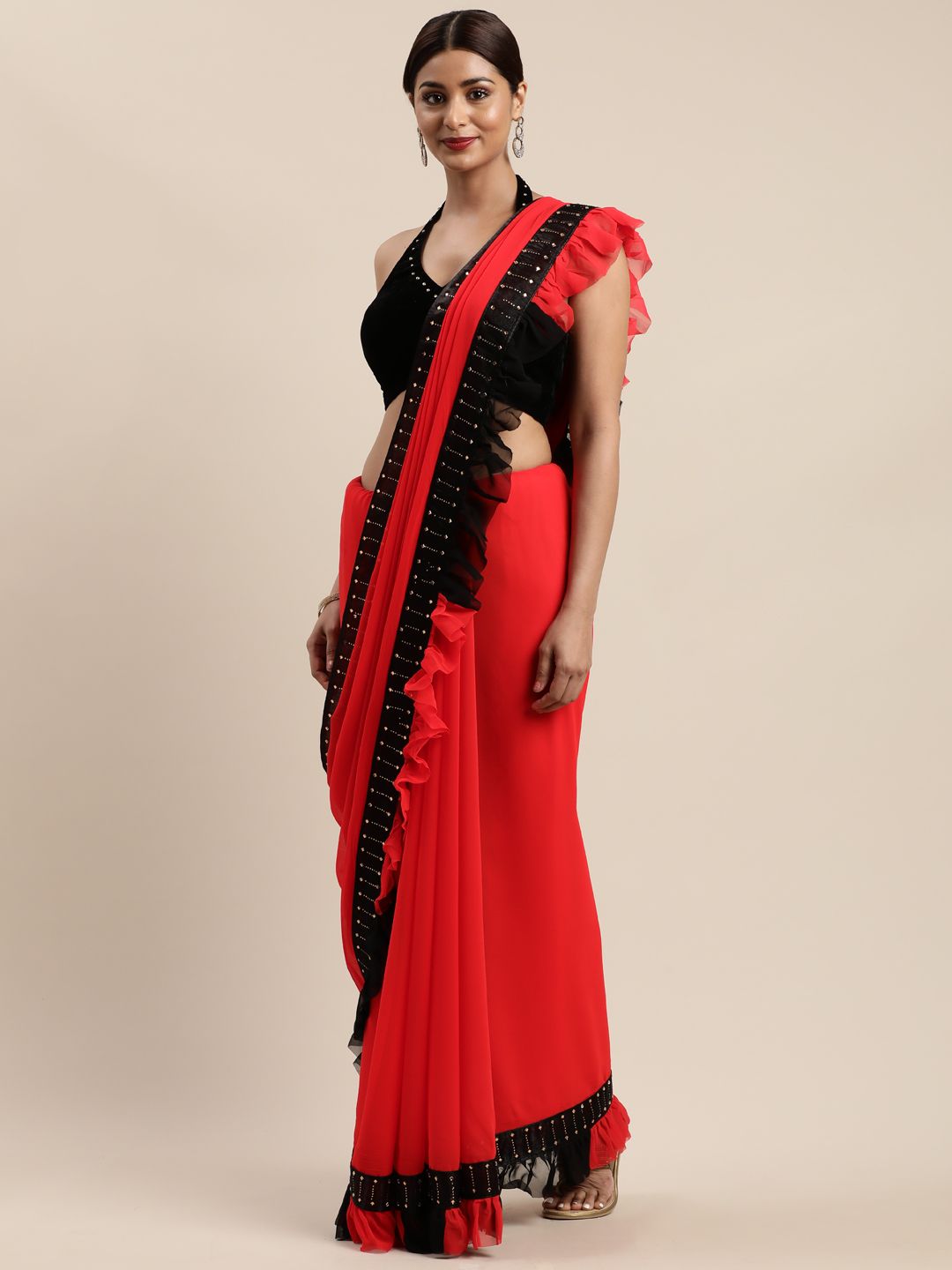 Nanda Silk Mills Coral Red & Black Pure Georgette Solid Mysore Silk Saree Price in India