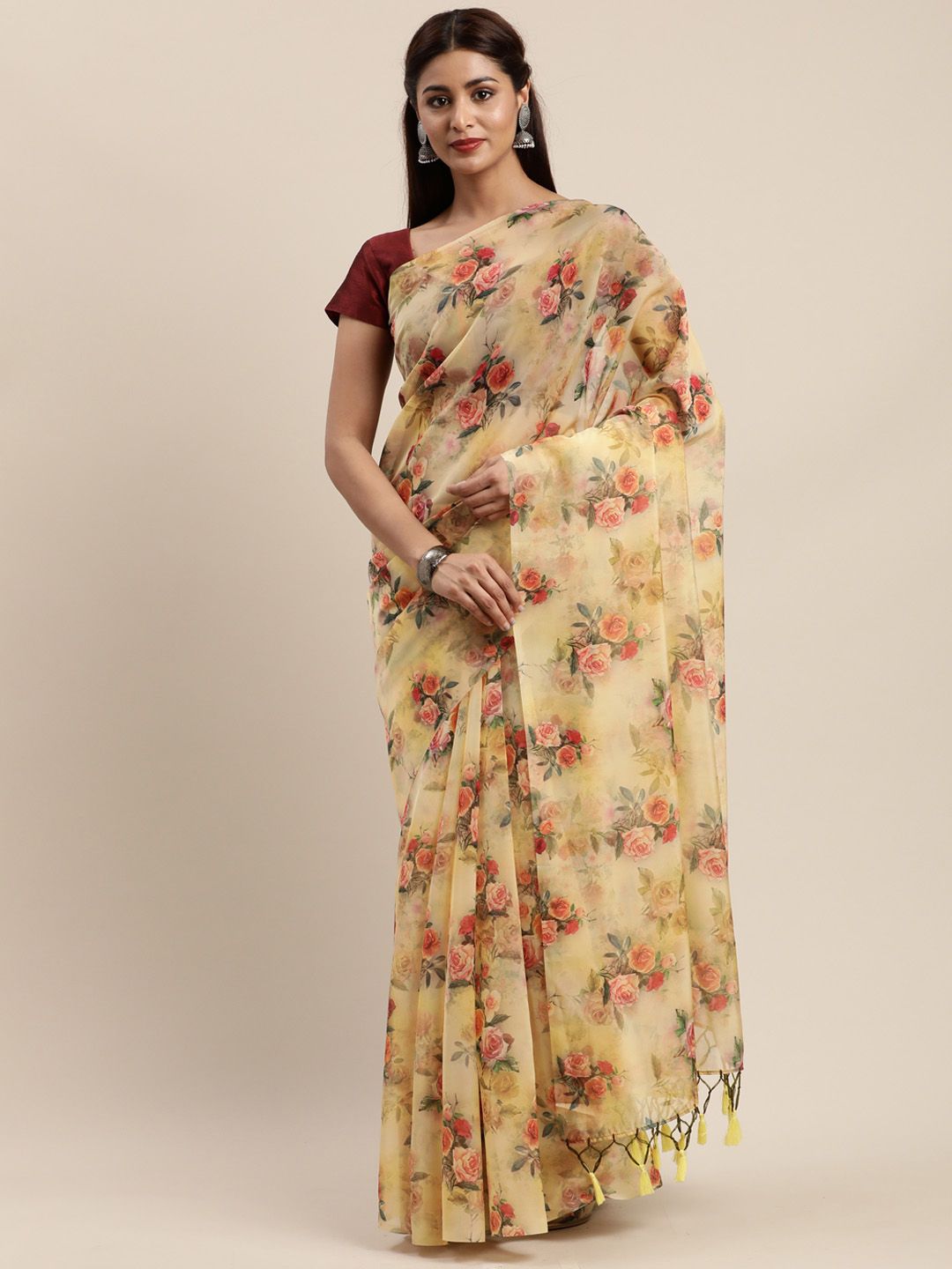 Nanda Silk Mills Yellow Organza Floral Printed Mysore Silk Saree Price in India