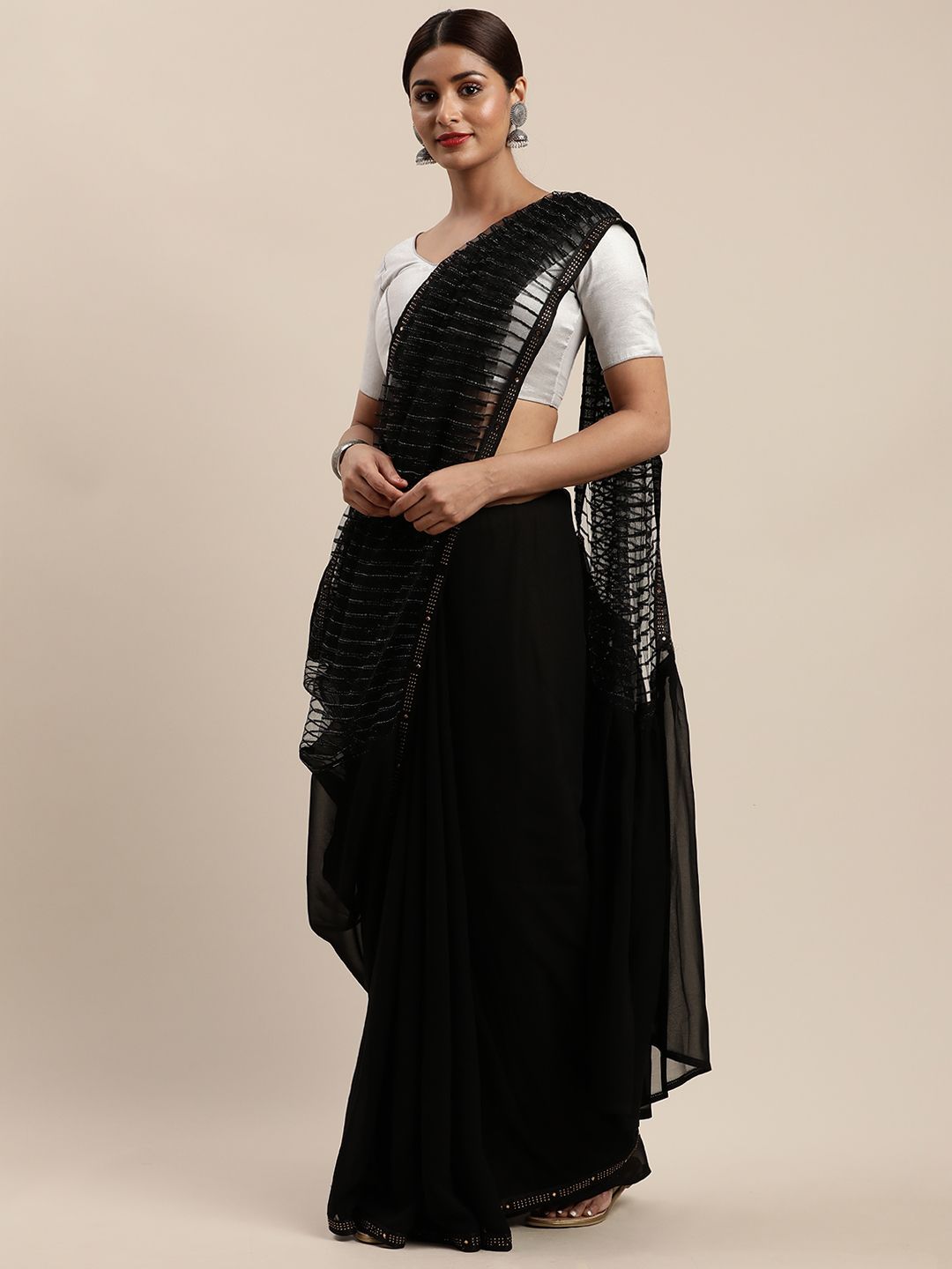 Nanda Silk Mills Black Pure Georgette Printed Mysore Silk Saree with Sheer Pallu Price in India