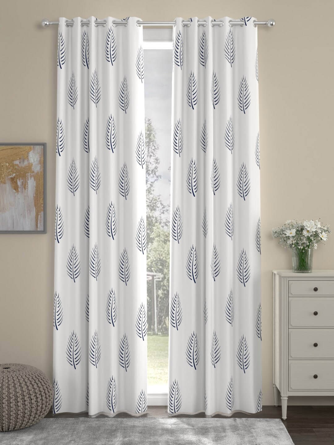 URBAN SPACE White & Blue Printed Set of 2 Door Curtains Price in India