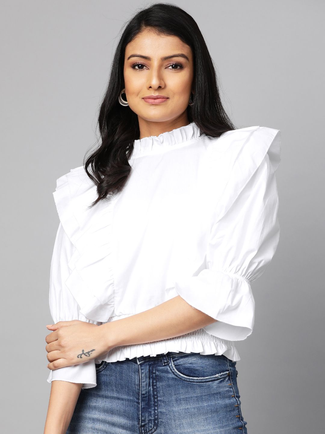 plusS Women White Solid Cinched Waist Pure Cotton Top
