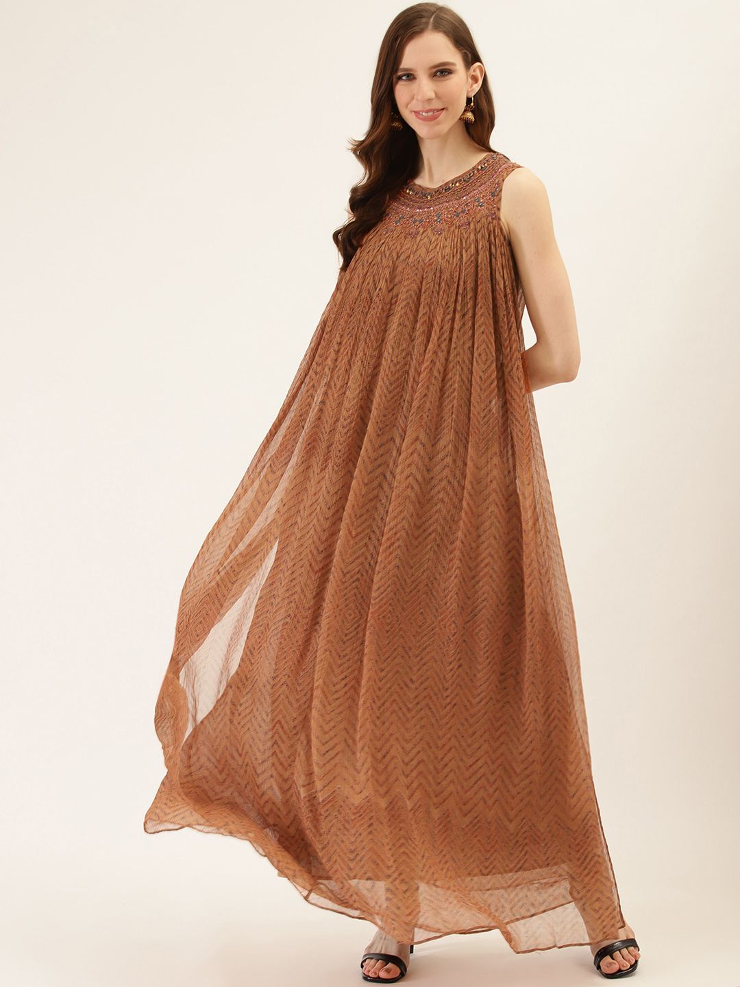 Ritu Kumar Women Brown Chevron Printed Maxi Dress