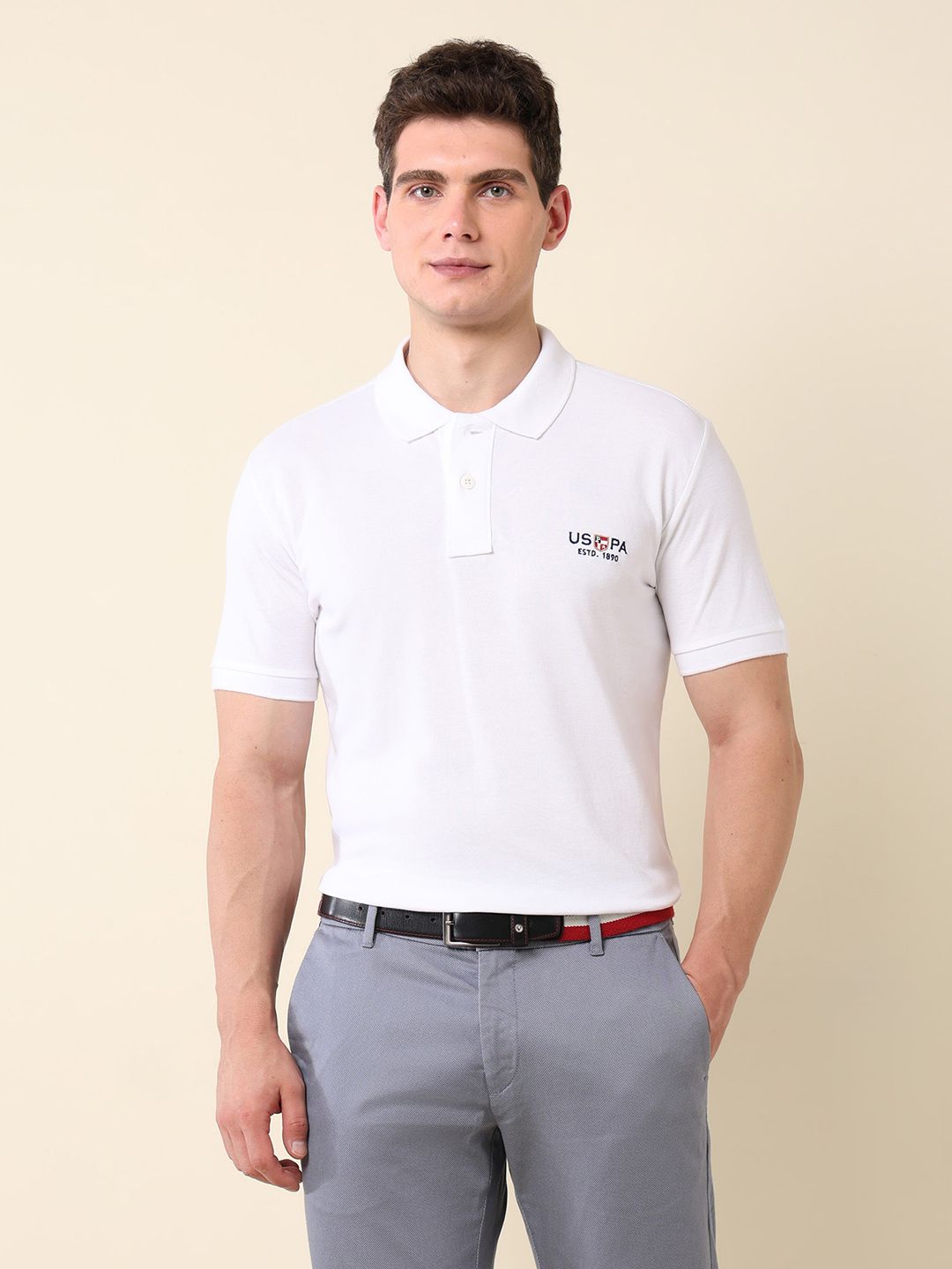 U.S. Polo Assn. Men White Solid Polo Collar Pure Cotton T-shirt