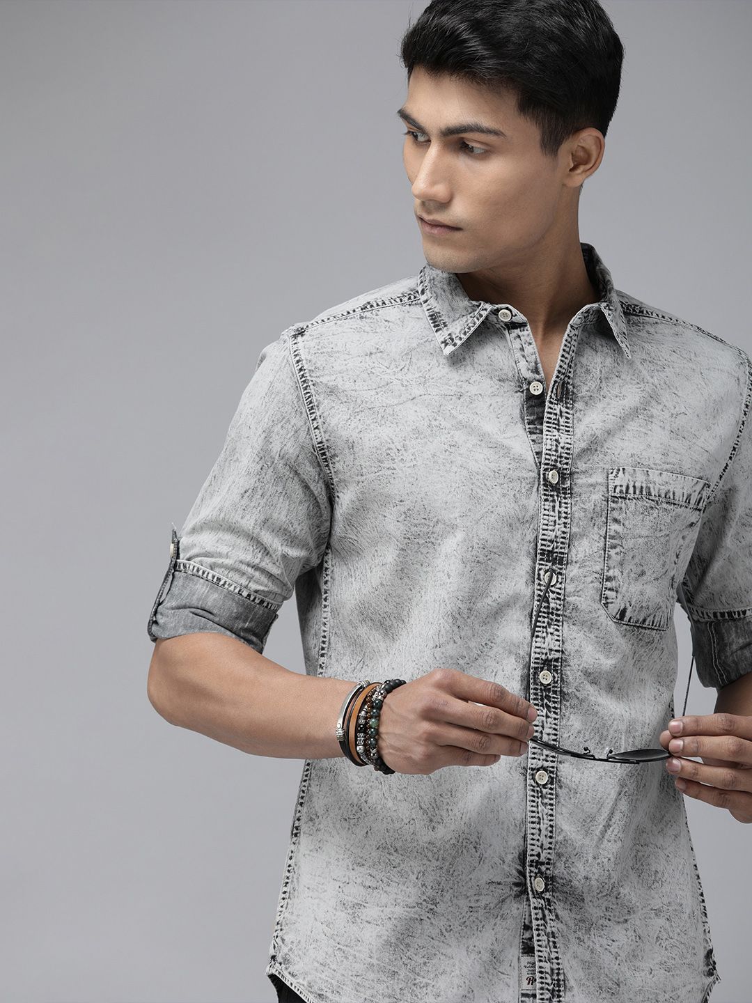 Roadster Men Grey Regular Fit Faded Casual Shirt