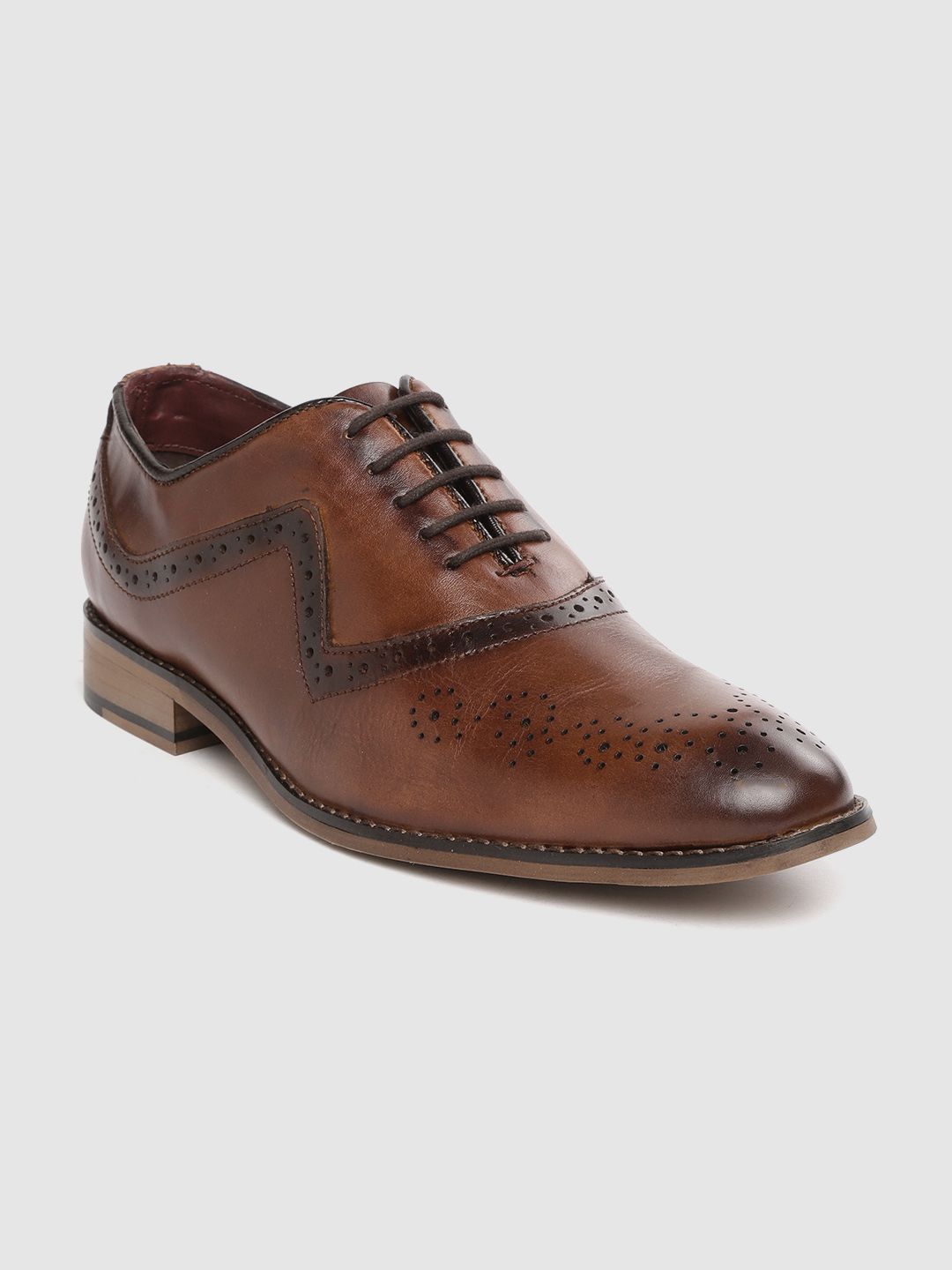 House of Pataudi Men Brown Perforated Leather Formal Brogues