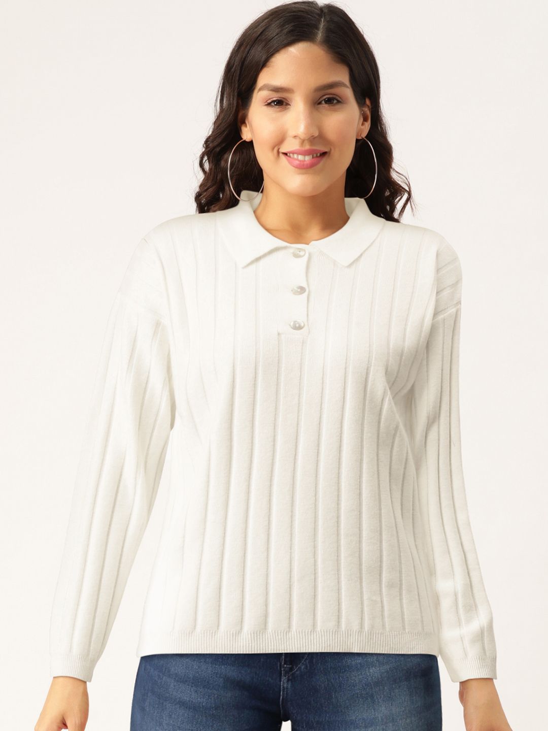 MANGO Women White Self Striped Pullover Sweater Price in India