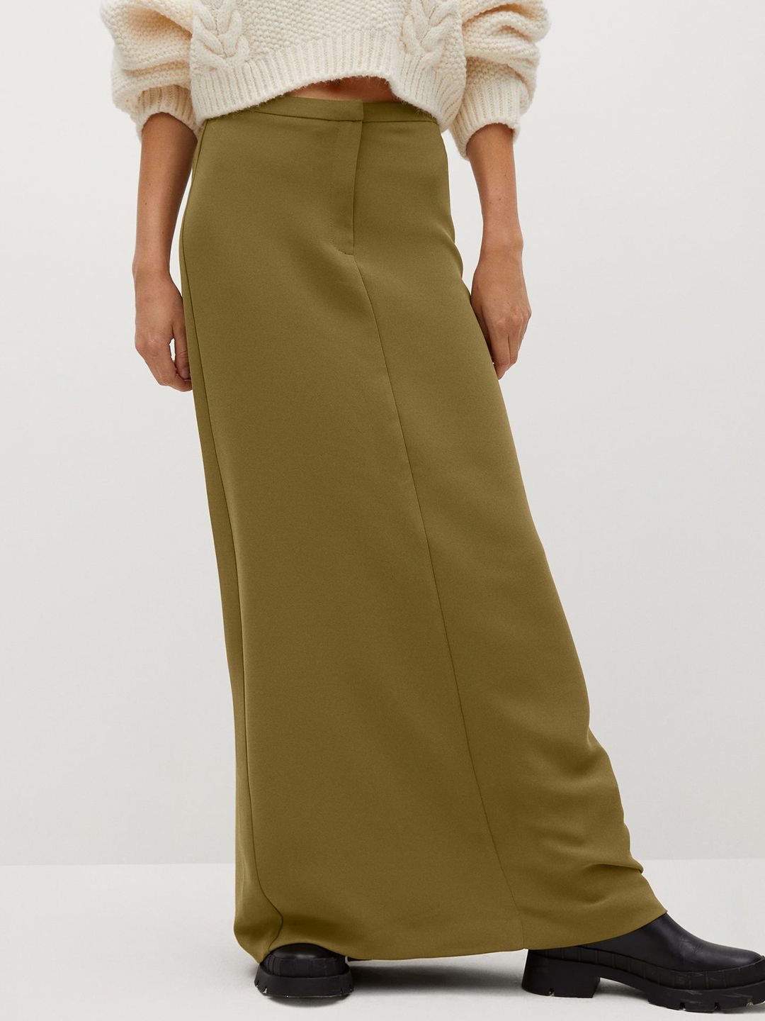 MANGO Women Olive Green Solid Maxi Straight Skirt