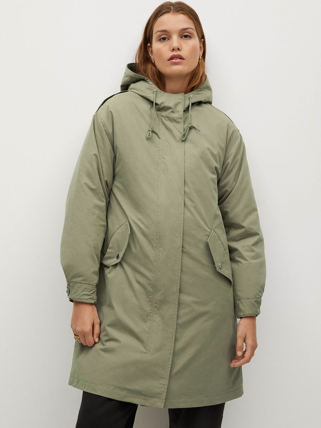 MANGO Women Olive Green Sustainable Solid Water Repellent Hooded Longline Padded Jacket Price in India