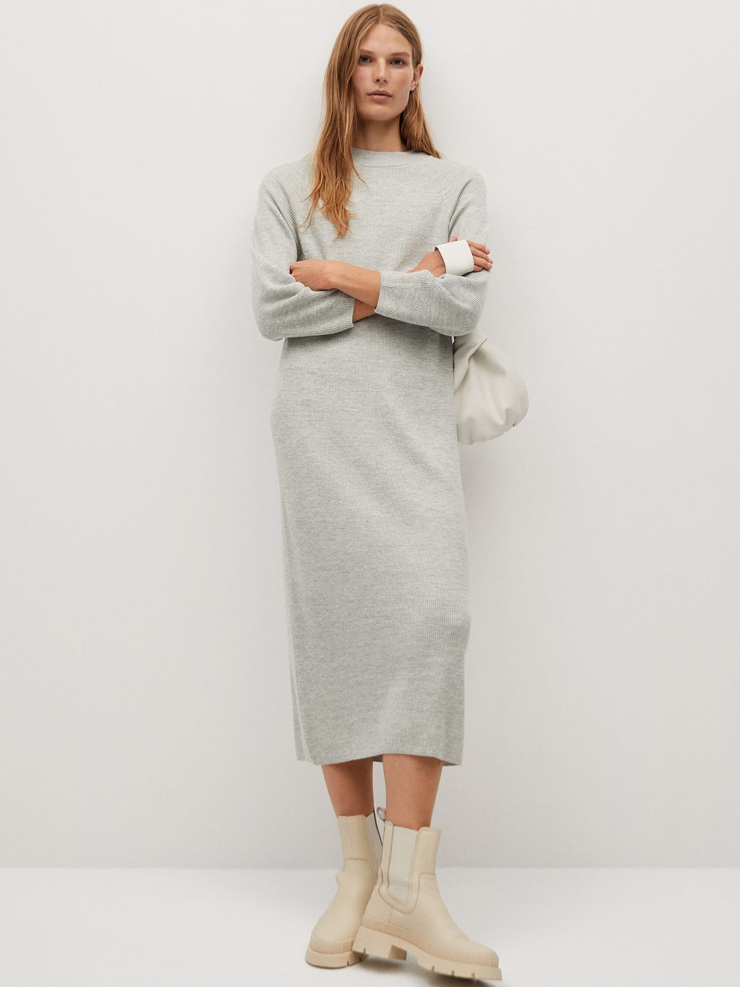 MANGO Women Grey Melange Sustainable Ribbed Sweater Dress