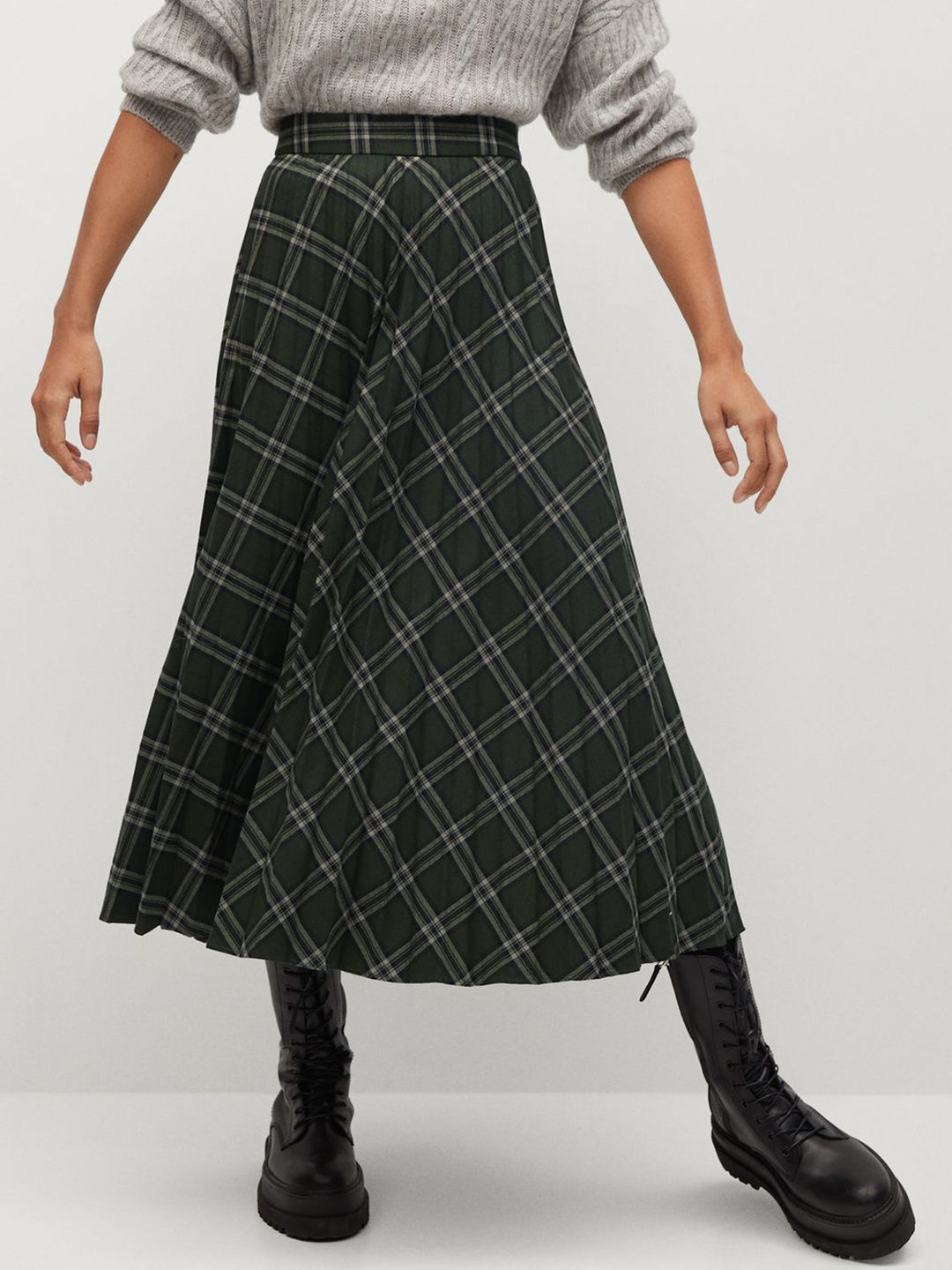 MANGO Women Green & Black Checked Accordion Pleated Sustainable Midi Flared Skirt