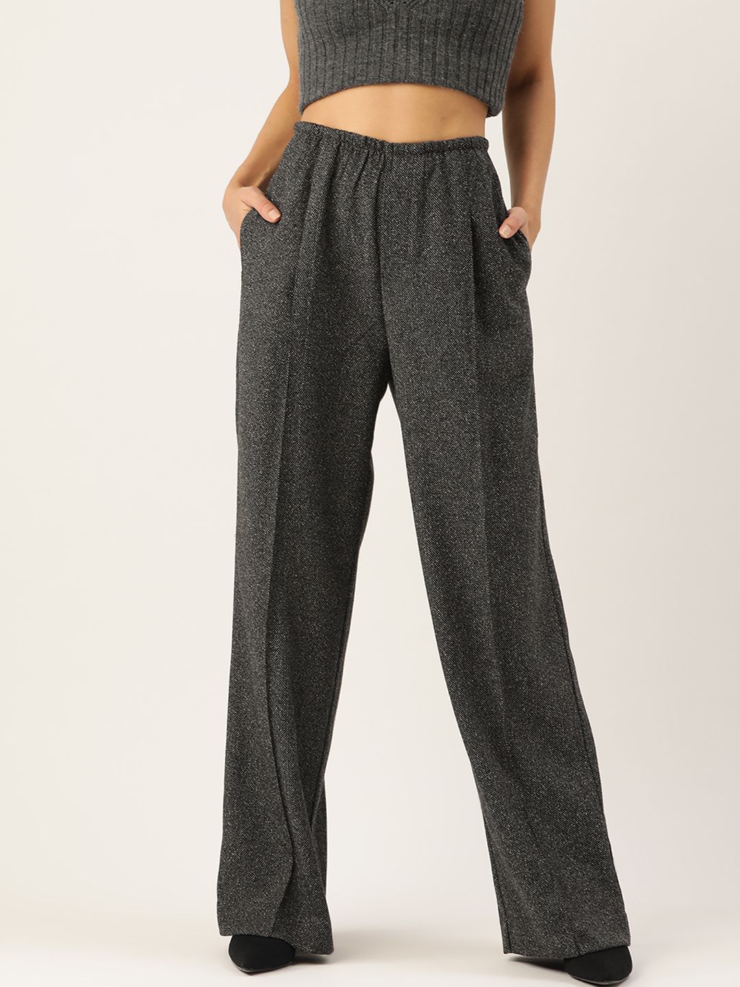 MANGO Women Charcoal Grey Regular Fit Solid Parallel Trousers