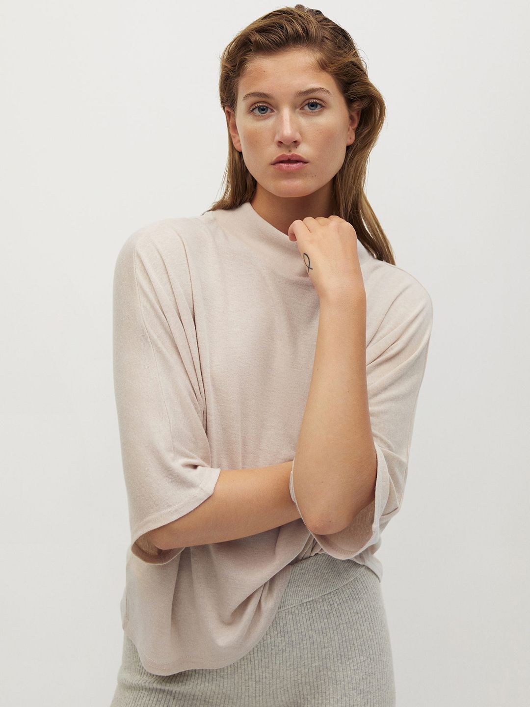 MANGO Women Beige Solid Boxy Top Sustainable