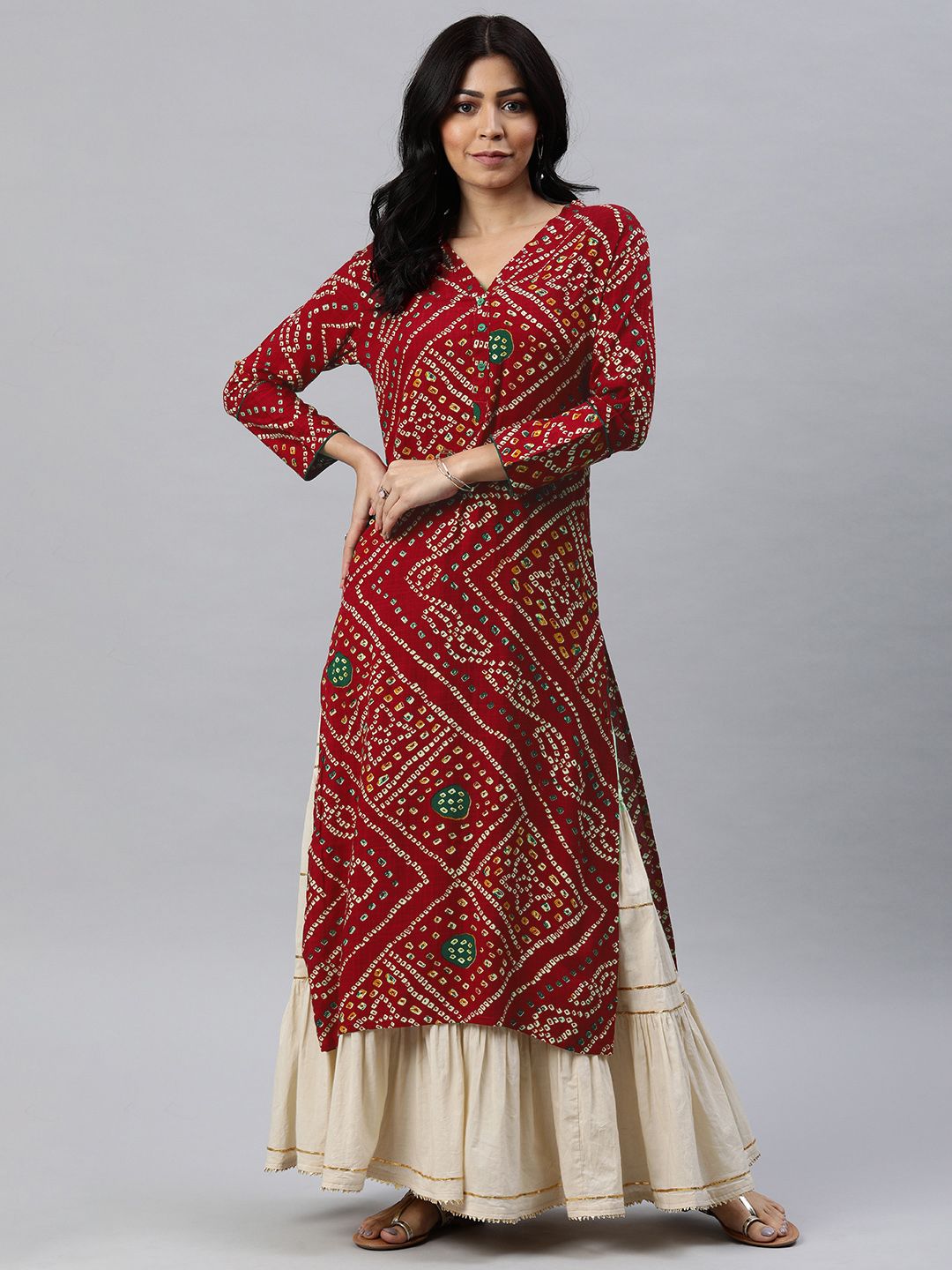 AHIKA Women Red & Beige Bandhani Printed Straight Kurta