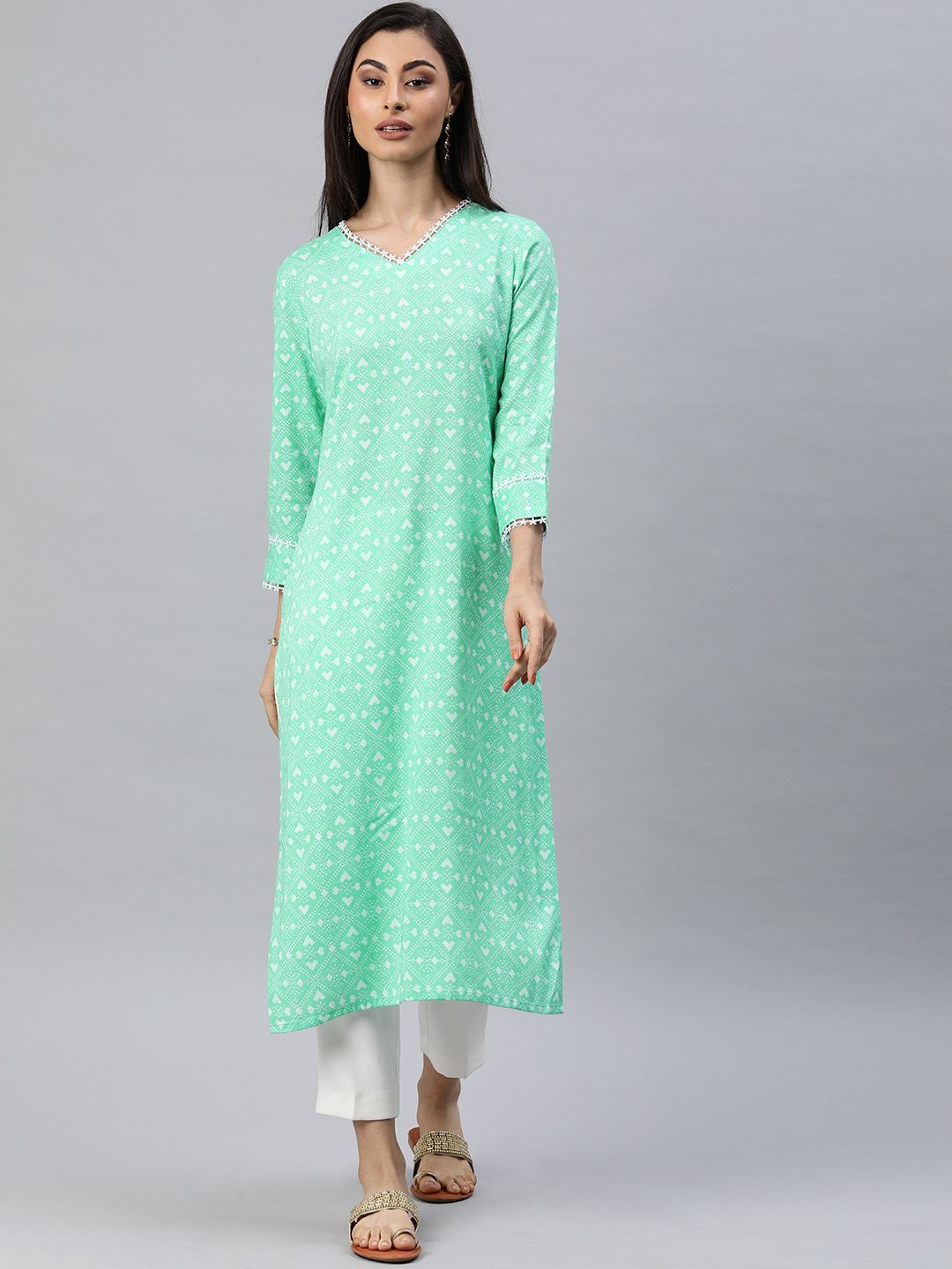 AHIKA Women Green & White Printed A-Line Kurta