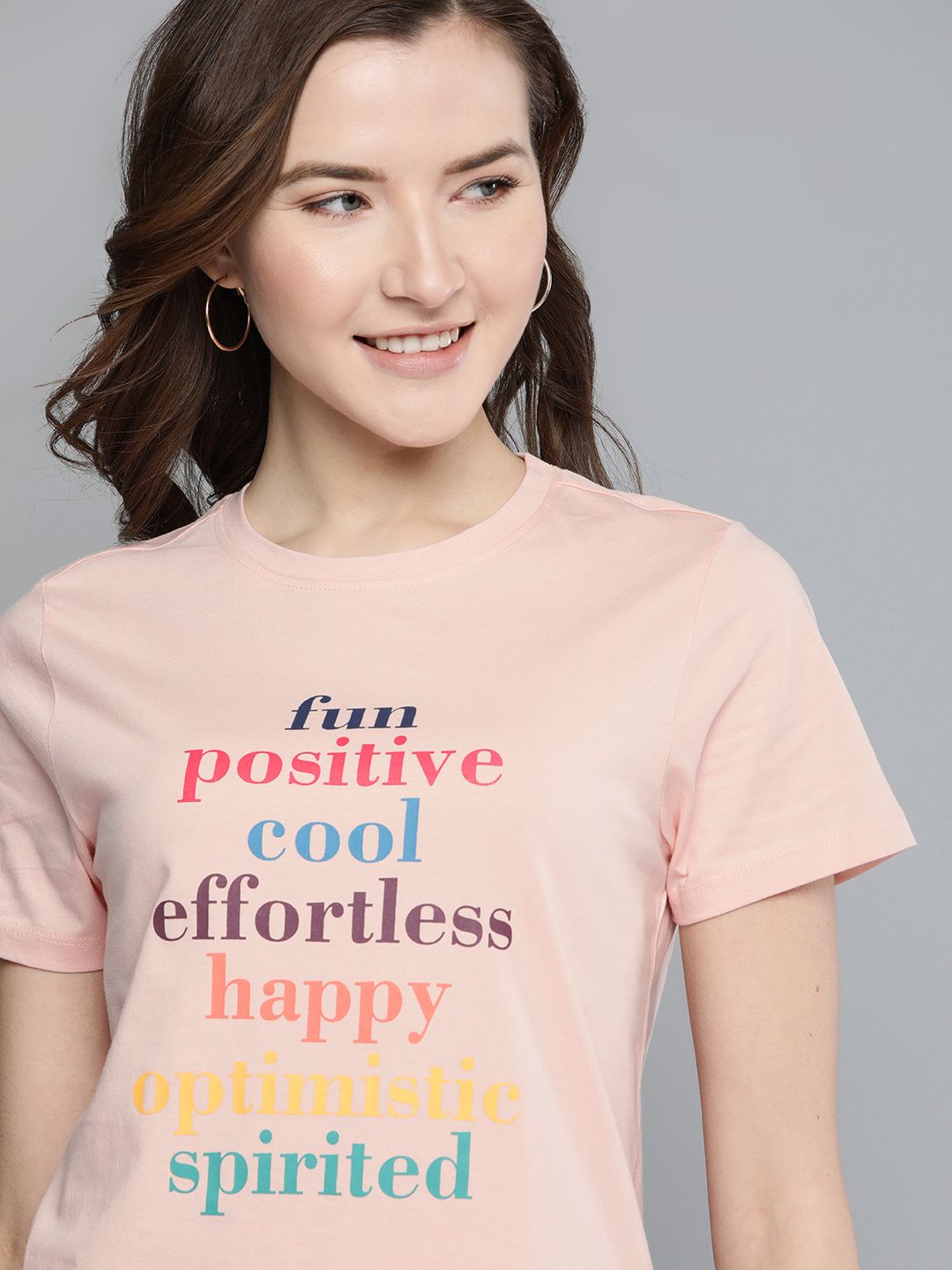 Mast & Harbour Women Peach-Coloured Printed Pure Cotton Round Neck T-shirt