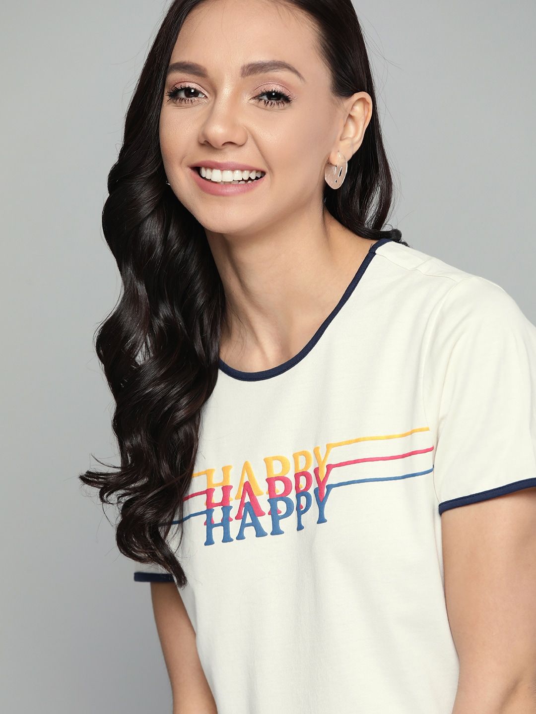 Mast & Harbour Women Off-White Printed Detail Round Neck T-shirt