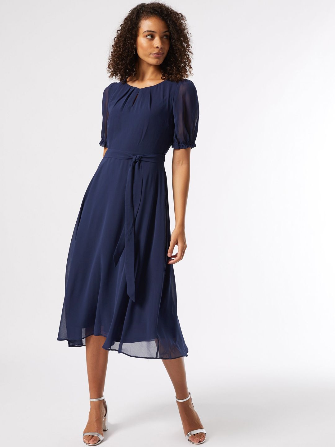 DOROTHY PERKINS Women Navy Blue Solid Midi A-Line Dress with Belt