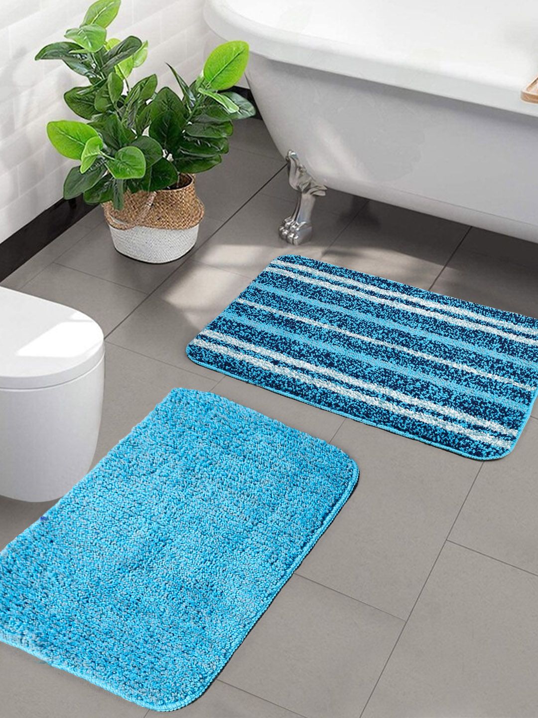 Saral Home Set of 2 Blue & White Striped Microfibre Anti-Skid Bath Rugs Price in India