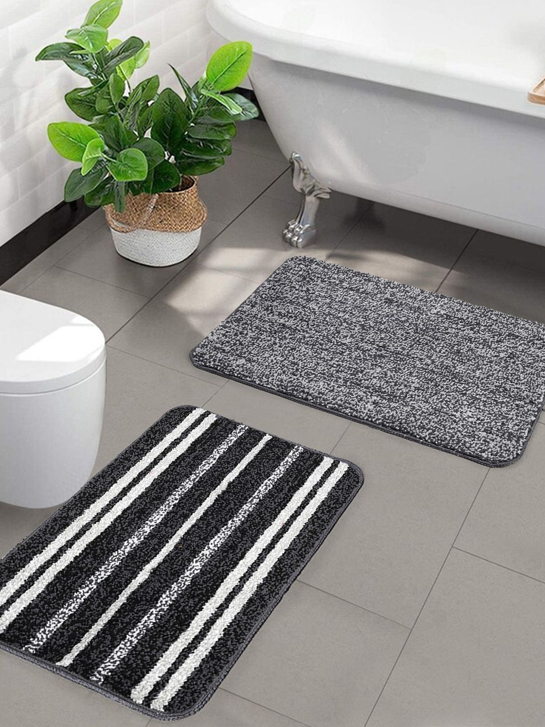 Saral Home Set Of 2 Black & Grey Striped Microfiber Bath Rugs Price in India