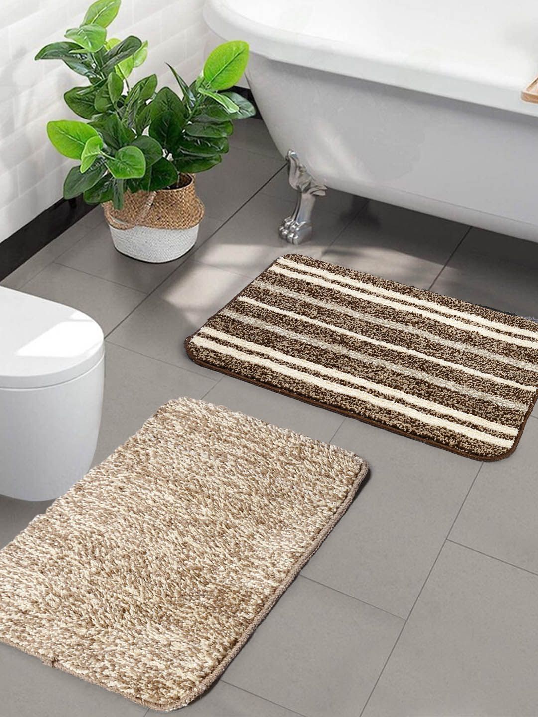 Saral Home Set of 2 Brown & White Striped Microfibre Anti-Skid Bath Rugs Price in India