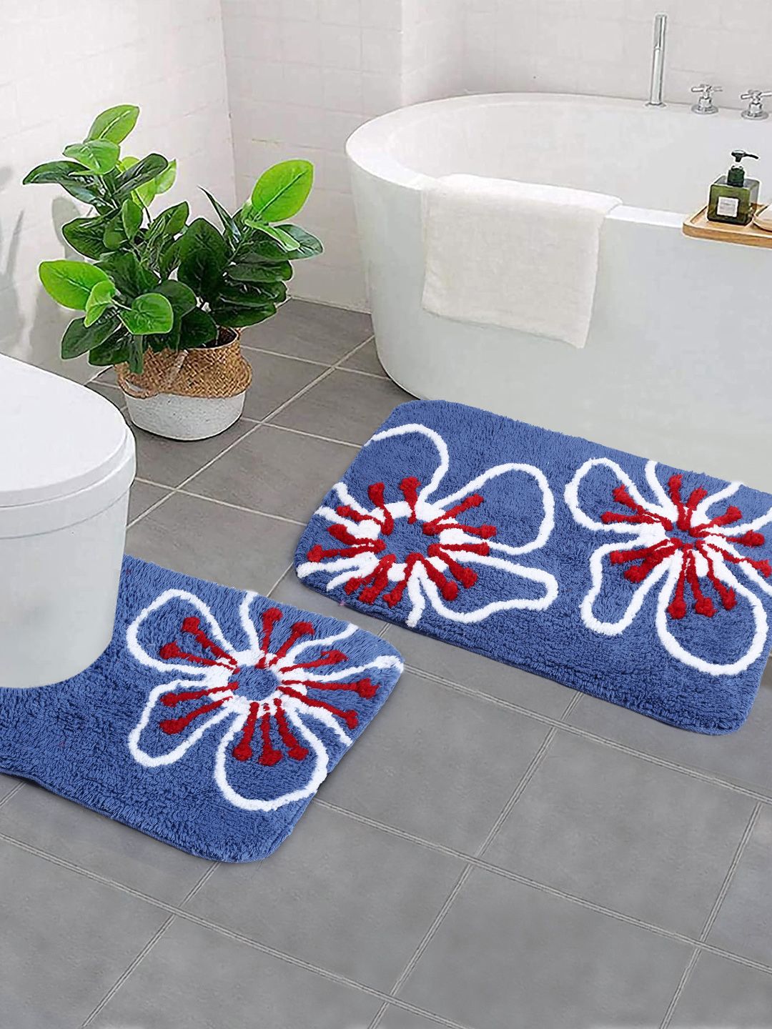 Saral Home Set Of 2 Blue & White Floral Printed Rectangular Bath Rugs Price in India