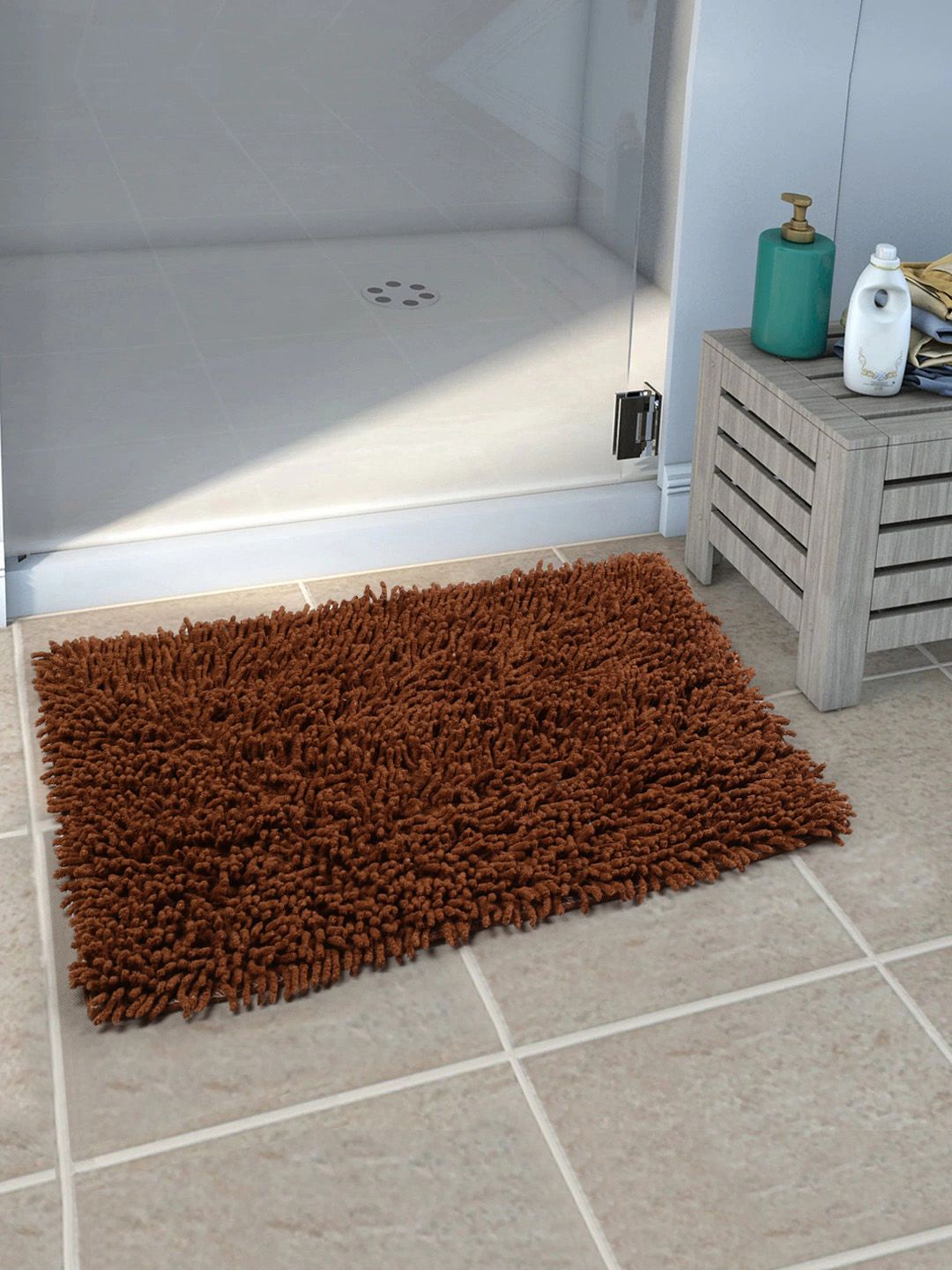 Saral Home Brown Solid Neo Shaggy Yarn Microfibre Anti-Skid Bath Mat Price in India