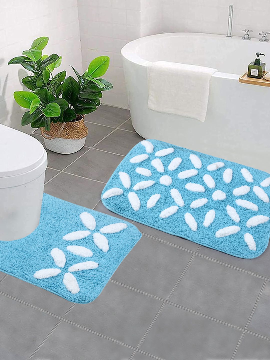 Saral Home Set Of 2 Turquoise Blue & White Printed Anti Skid Bathmat & Contour Set Price in India