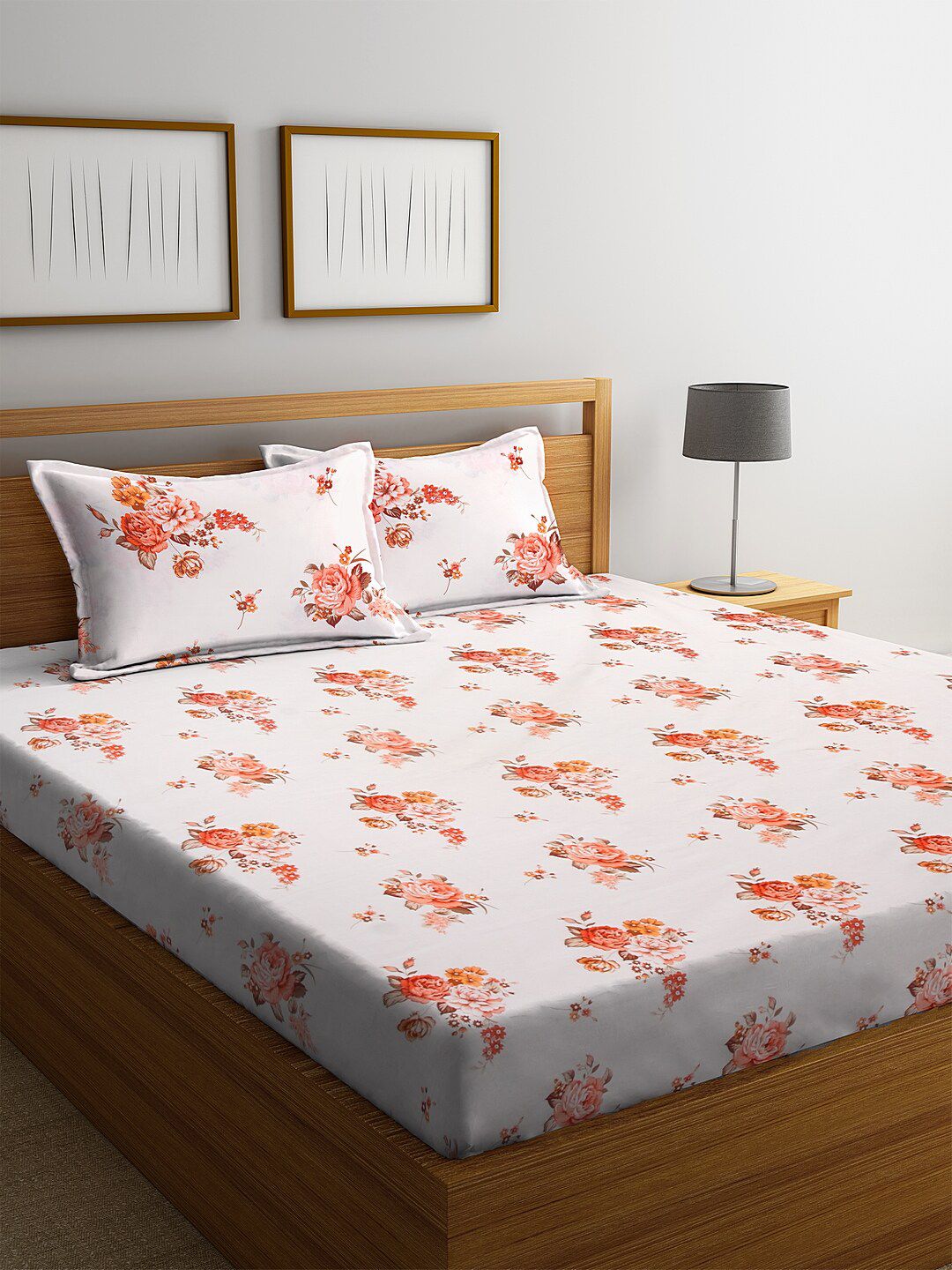 SWHF Orange & Off-White Floral 180 TC Cotton 1 Queen Bedsheet with 2 Pillow Covers Price in India