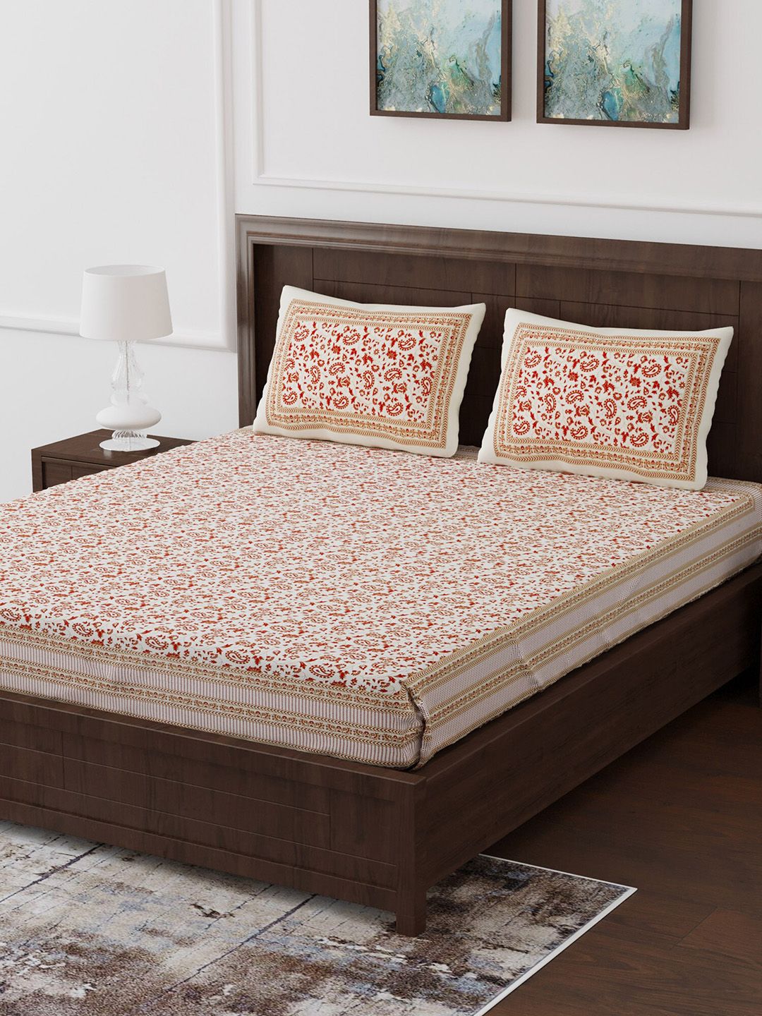 Gulaab Jaipur Orange & White Ethnic Motifs 350 TC Cotton 1 King Bedsheet with 2 Pillow Covers Price in India