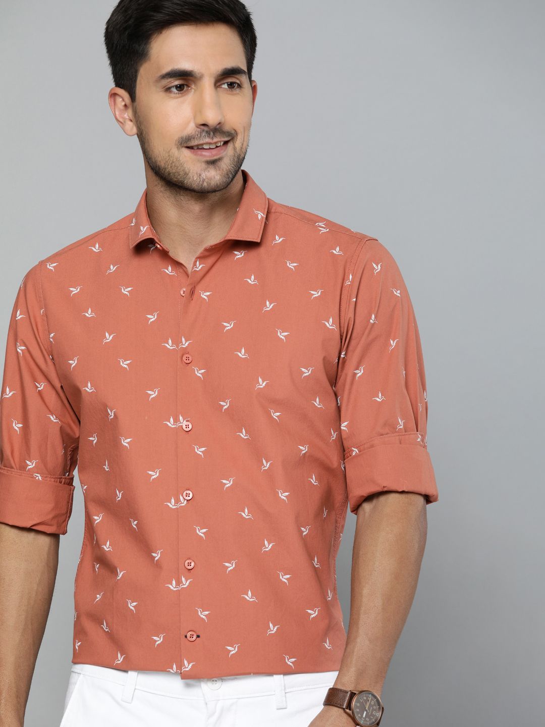 Mast & Harbour Men Rust Orange & White Slim Fit Conversational Printed Casual Shirt