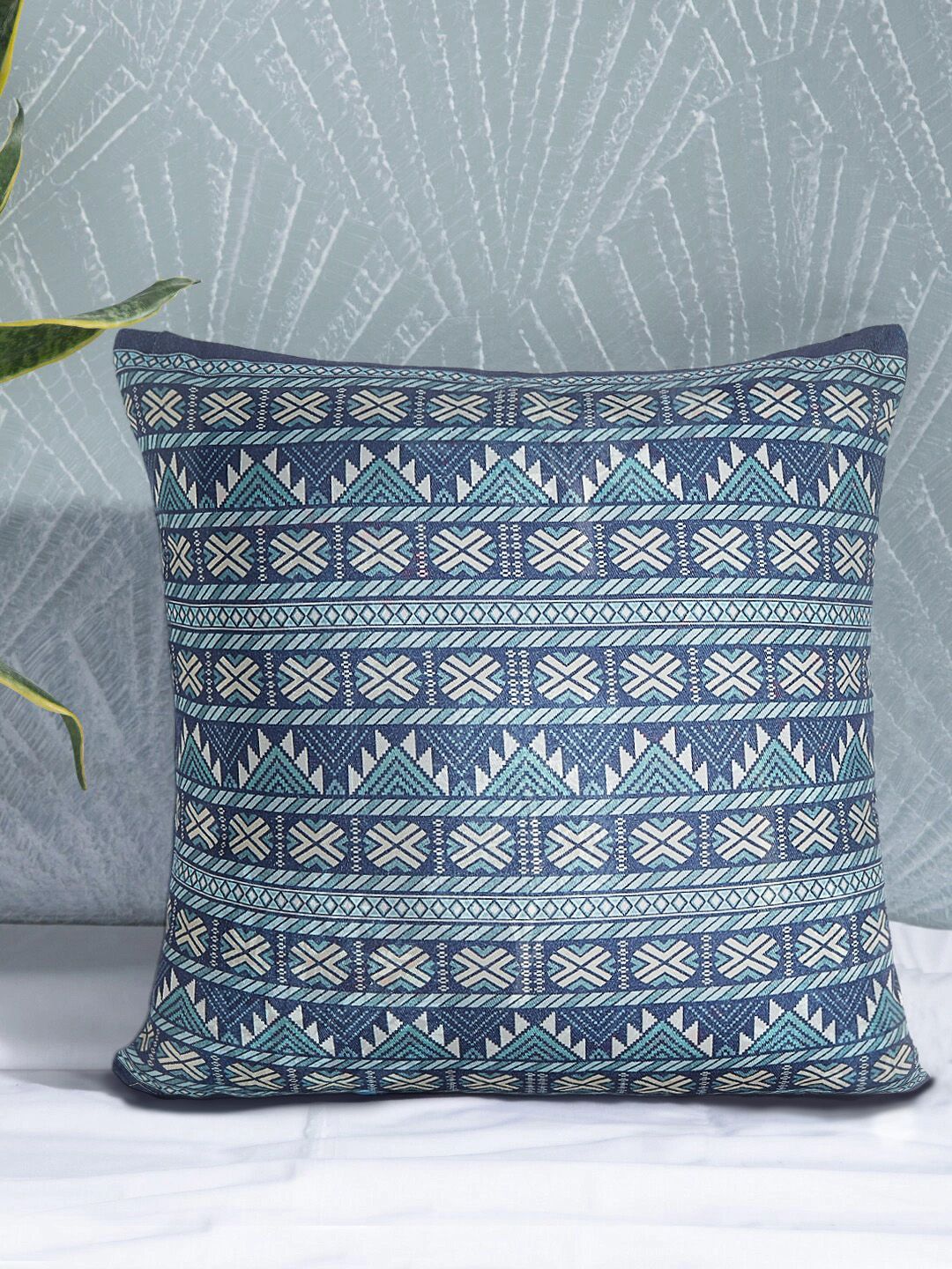 PETAL HOME Blue & Grey Single Geometric Square Cushion Cover Price in India