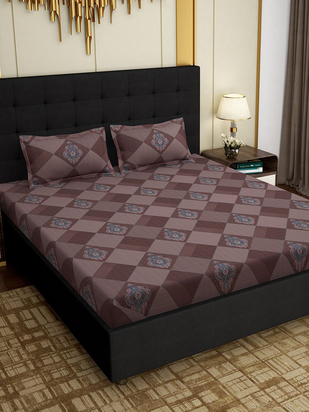 PAVO Brown Geometric 300 TC Cotton 1 King Bedsheet with 2 Pillow Covers Price in India
