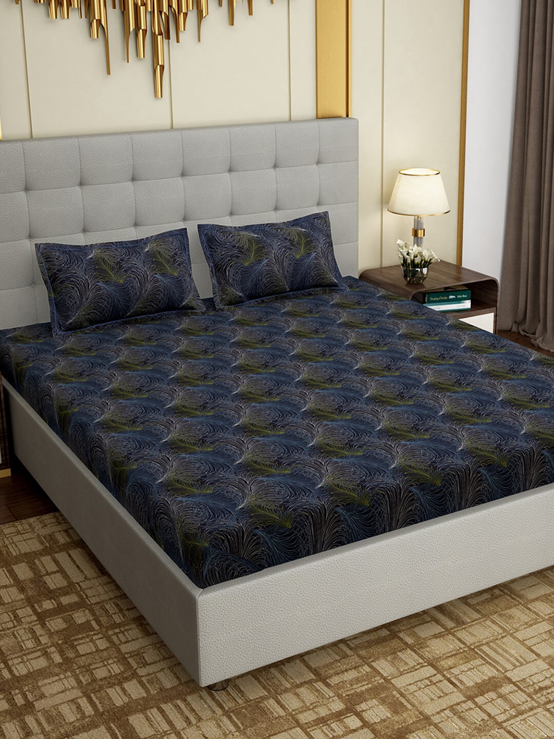 PAVO Navy Blue & Yellow Abstract 300 TC Cotton 1 King Bedsheet with 2 Pillow Covers Price in India
