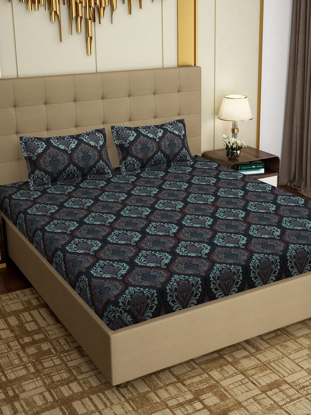 PAVO Charcoal Grey Ethnic Motifs 300 TC Cotton 1 King Bedsheet with 2 Pillow Covers Price in India