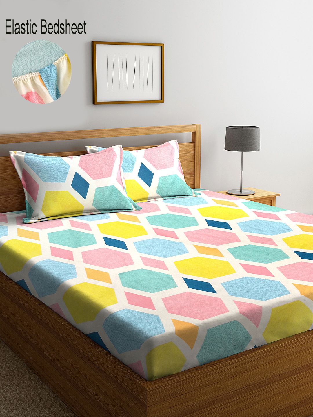 KLOTTHE Multicoloured Geometric 300 TC Fitted Double Bedsheet with 2 Pillow Covers Price in India