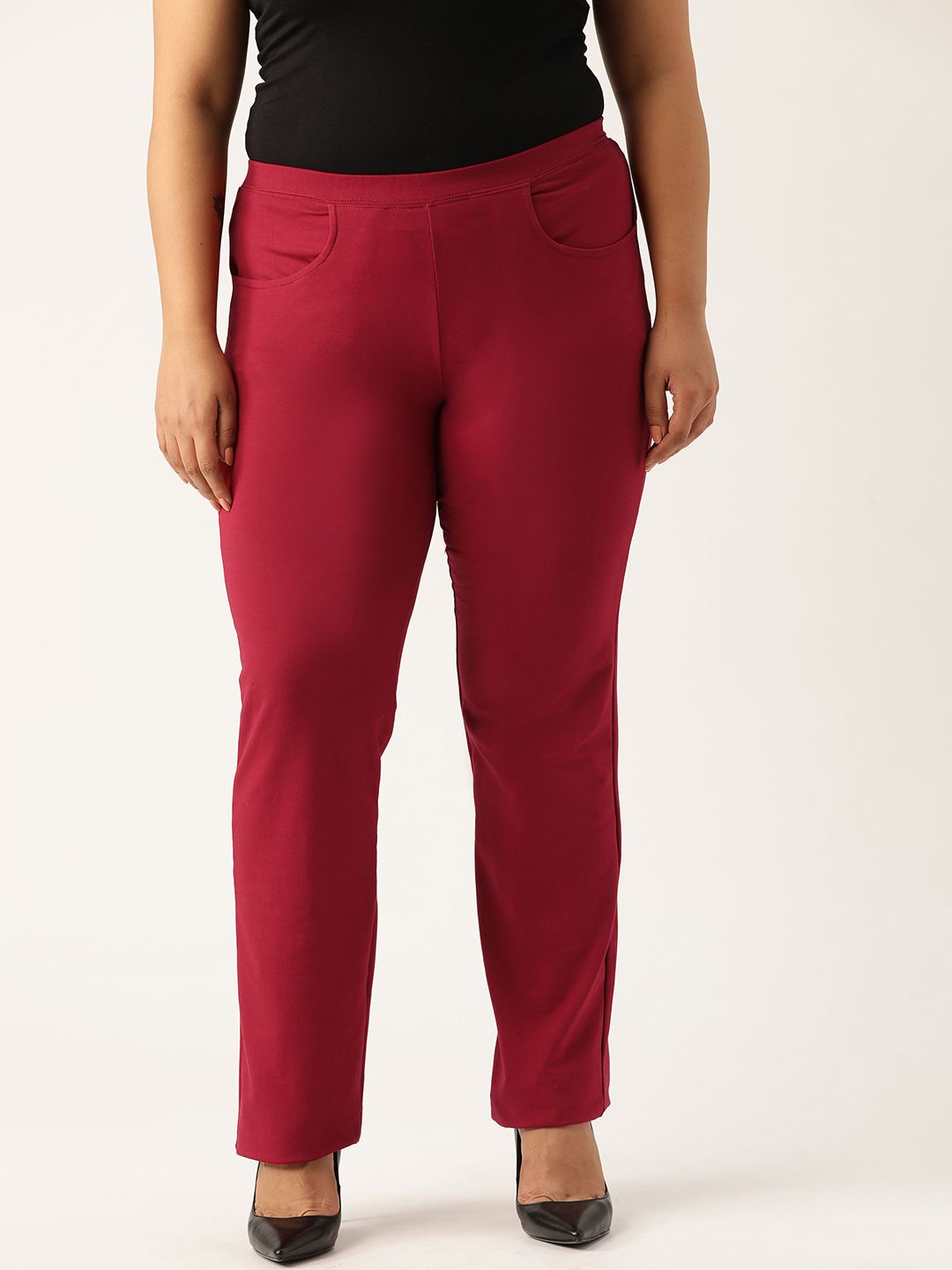 Revolution Women Plus Size Maroon Knitted Easy Wash Relaxed Fit High-Rise Regular Trousers Price in India