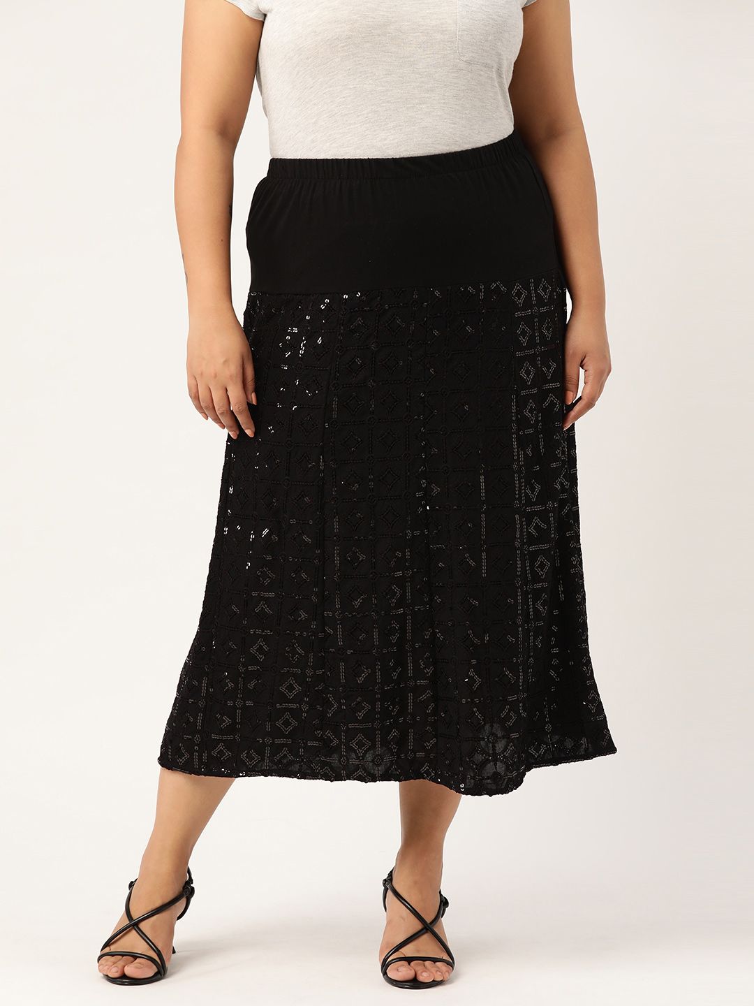 Revolution Plus Size Women Black Embroidered A-Line Skirt