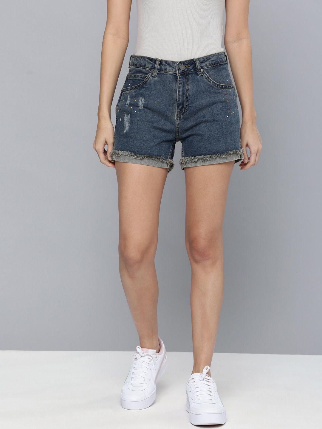Mast & Harbour Women Blue Washed Distressed Regular Fit Denim Shorts Price in India