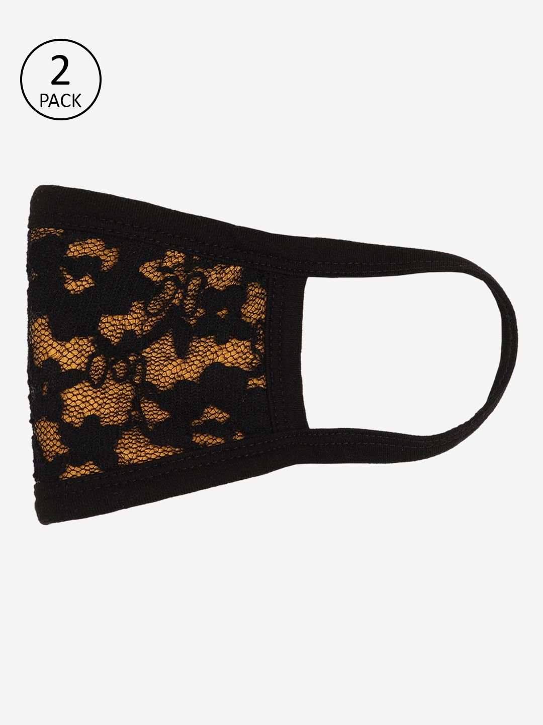 Skidlers Women Pack of 2 Black & Mustard Yellow Lace 2-Layer Reusable Cloth Masks Price in India