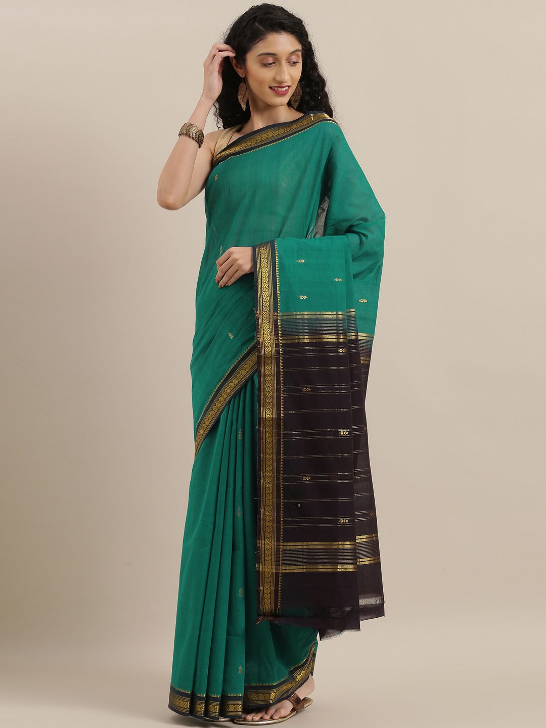 The Chennai Silks Green & Navy Blue Pure Cotton Woven Design Saree