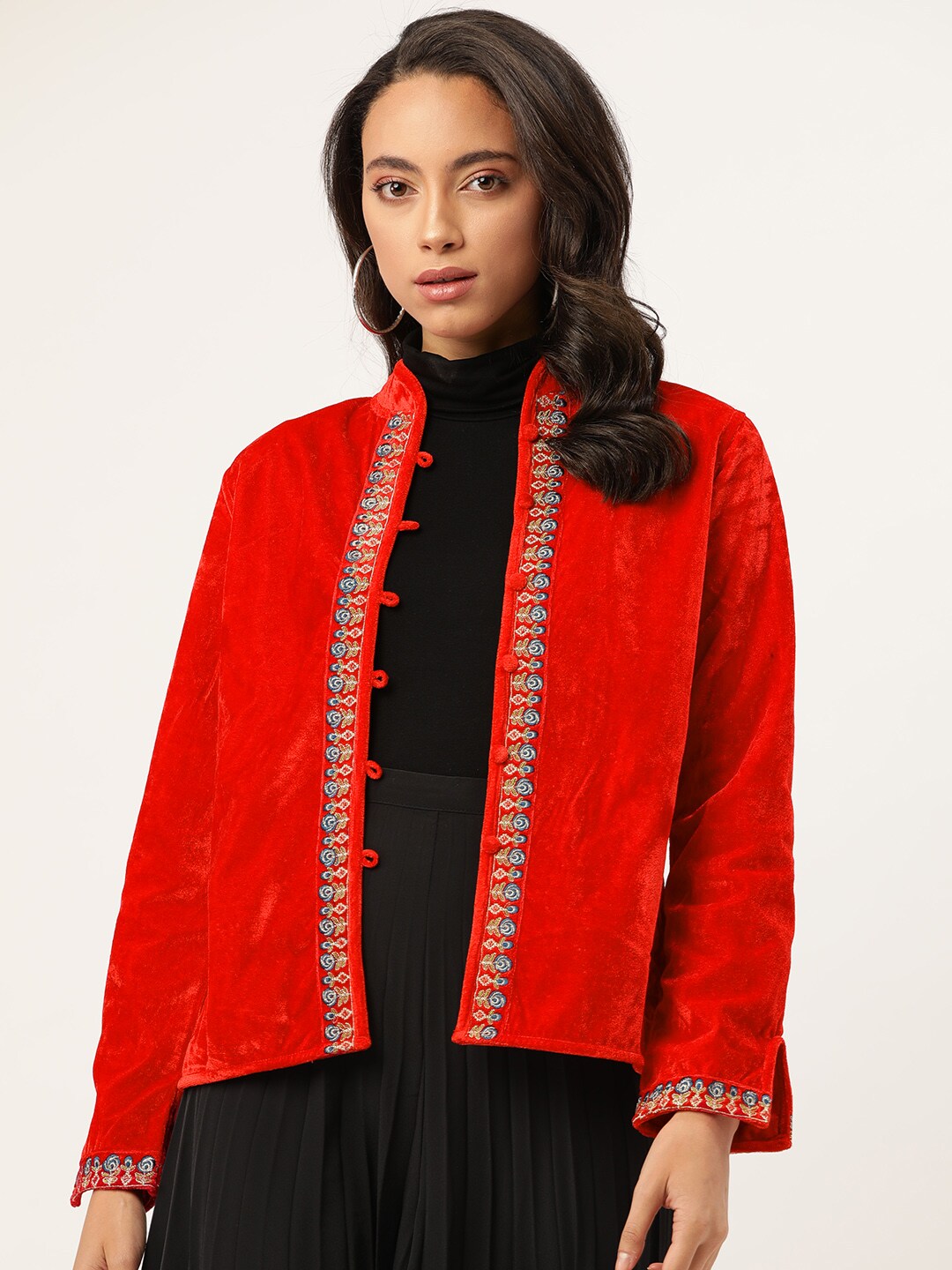 Shae by SASSAFRAS Women Red Solid Tailored Jacket with Velvet Finish Price in India