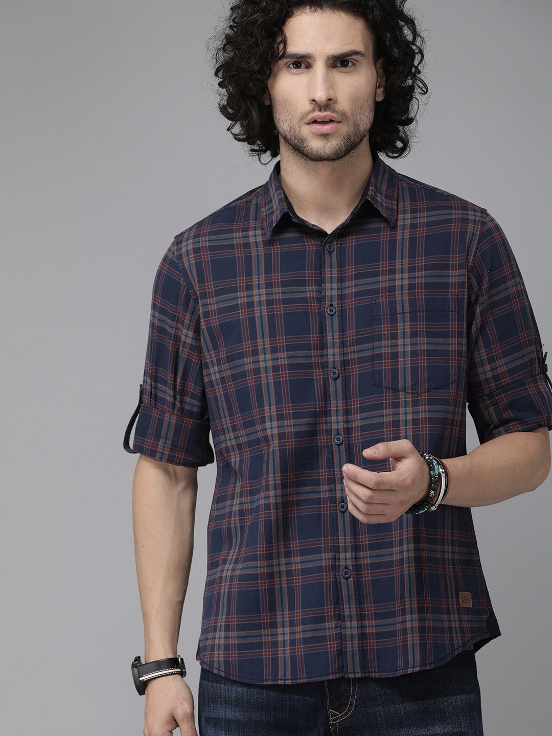 【NAVY】Plaid shirt Men's Navy Blue Plaid Check Shirt – Slim Fit Cotton Casual Shirt