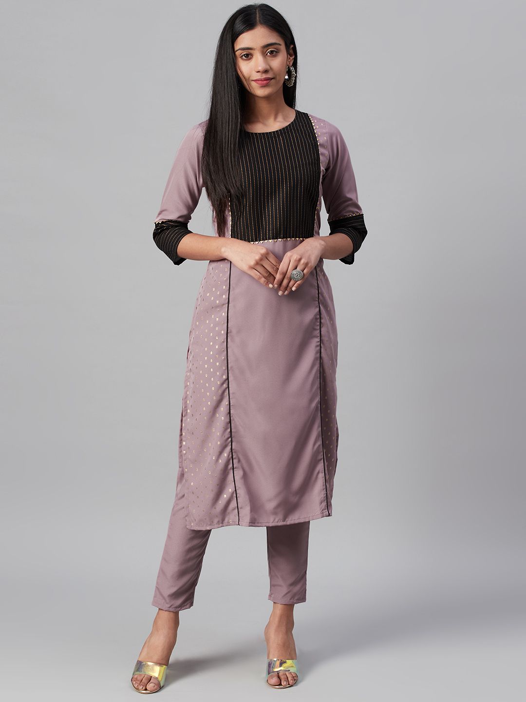 ZIYAA Women Mauve & Black Yoke Design Kurta with Trousers Price in India